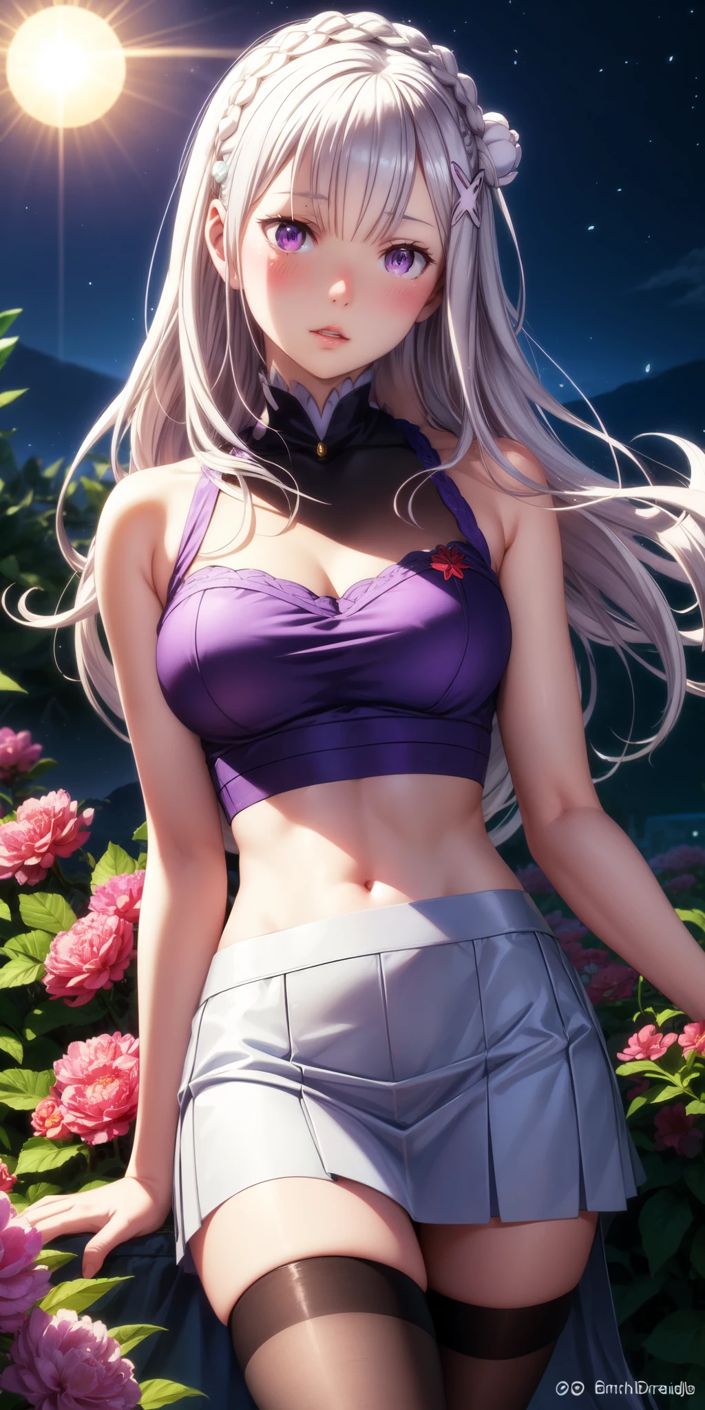 Emilia re:zero, Emilia, realistic, 1girl, white hair, purple eyes, glowing eyes, crown braid, medium breasts, hair ornament, x hair ornament, flower hair ornament, crop top, skirt, parted lips, blush, night, flowers, sun, sunlight,