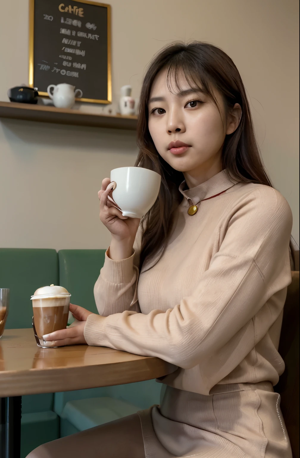 Korean woman sitting at a table with a cup of coffee and a plate of food, woman Drinking coffee, sentado en un cafe, enjoying a coffee in a cafe, tomando un cafe, Drinking coffee, sentado en un cafe alone, Bebiendo te, drinking a cup of coffe, sentado solo en un cafe, en una cafeteria, drinking a strawberry iced latte, linda mujer, Beautiful asian girl, young asian, sueter gris claro llevando un collar de oro ligero y un reloj igualmente de oro