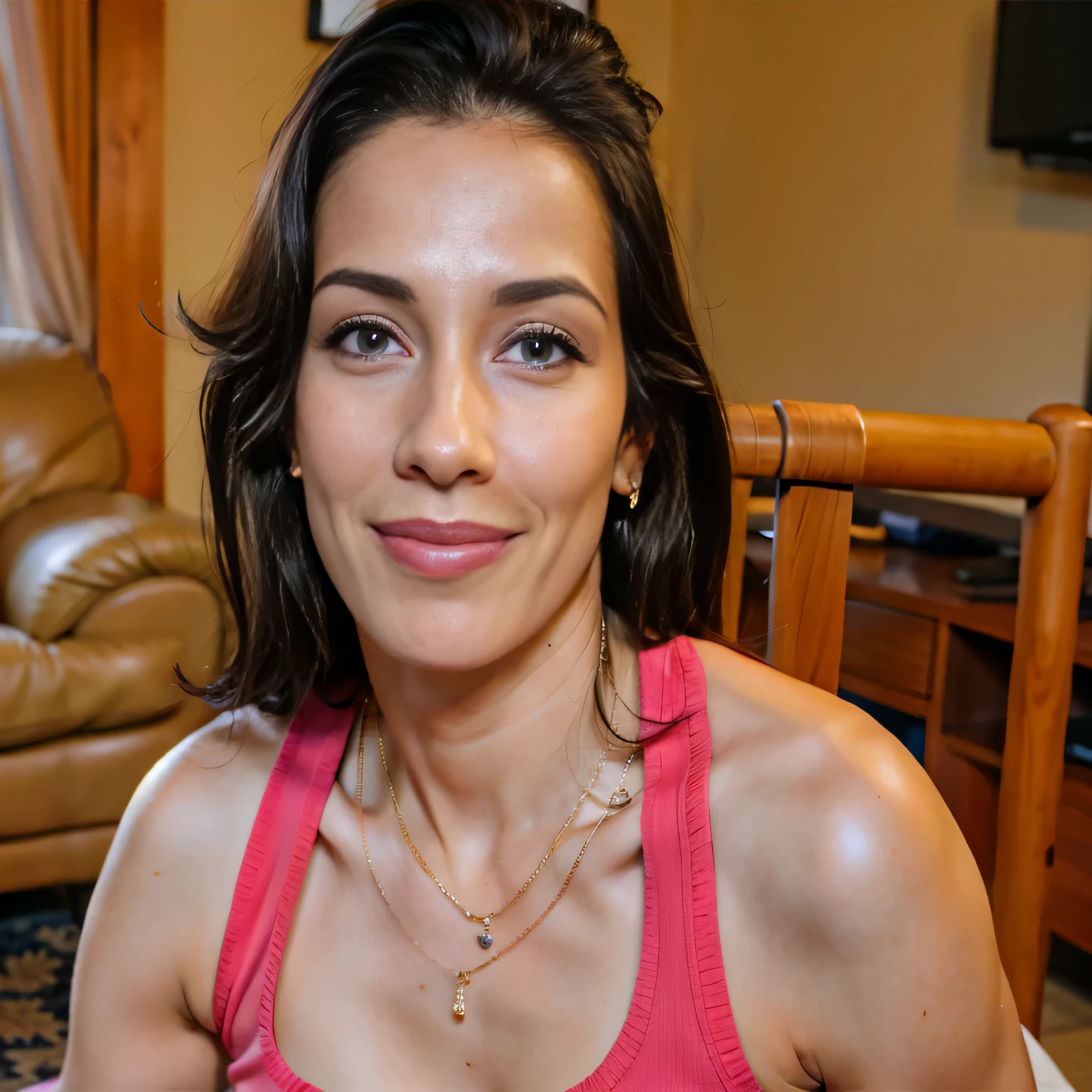 There is a woman, olhando de lado, looking at the camera, sorridente, Foto de meio corpo em close. Mulher na casa dos 35 anos. Mulher com branco, pele bronzeada e cabelos escuros. ela tem cerca de 35 anos. Her pink lips, seus olhos castanhos escuros. Corpo fino, cintura fina. lindo, altamente realista, Mulher bonita, slightly pink lips, slightly pink lipstick, sorridente, feeling of lightness and joy, pele muito elaborada. foto clara, alta qualidade, high resolution, obra de arte, 8K.