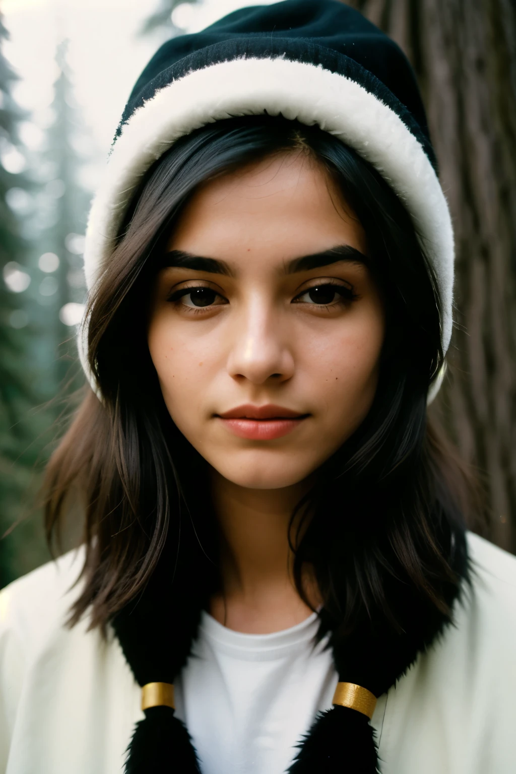 photograph of a woman, (sympathetic facial expression), textured skin, goosebumps, jet black half-up half-down hair, looking at the camera smoothly, full face, faux fur-lined parka with skinny jeans and beanie, group profile, towering ancient redwood trees creating a sense of wonder and awe, perfect eyes, ((hard lighting:1.4)), Velvia 100 color, shot on Cinestill 800T, bokeh, sharp focus on subject, shot by Manuela Marques