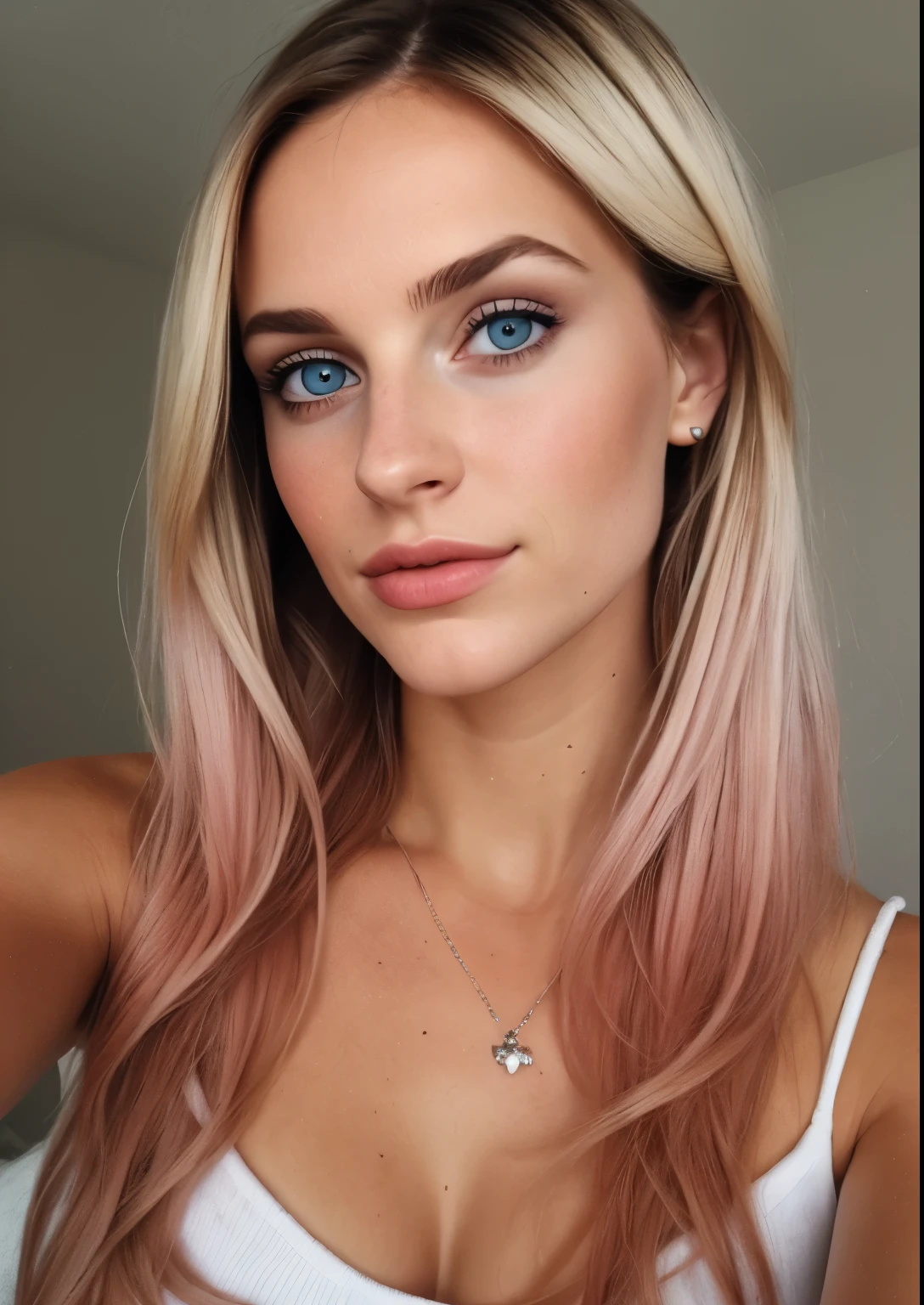 pris avec un appareil photo iPhone BREAK selfie photo moyen d'une jolie jeune femme BREAK (Ombre:1.3) cheveux blond rose BREAK film grain, Medium quality