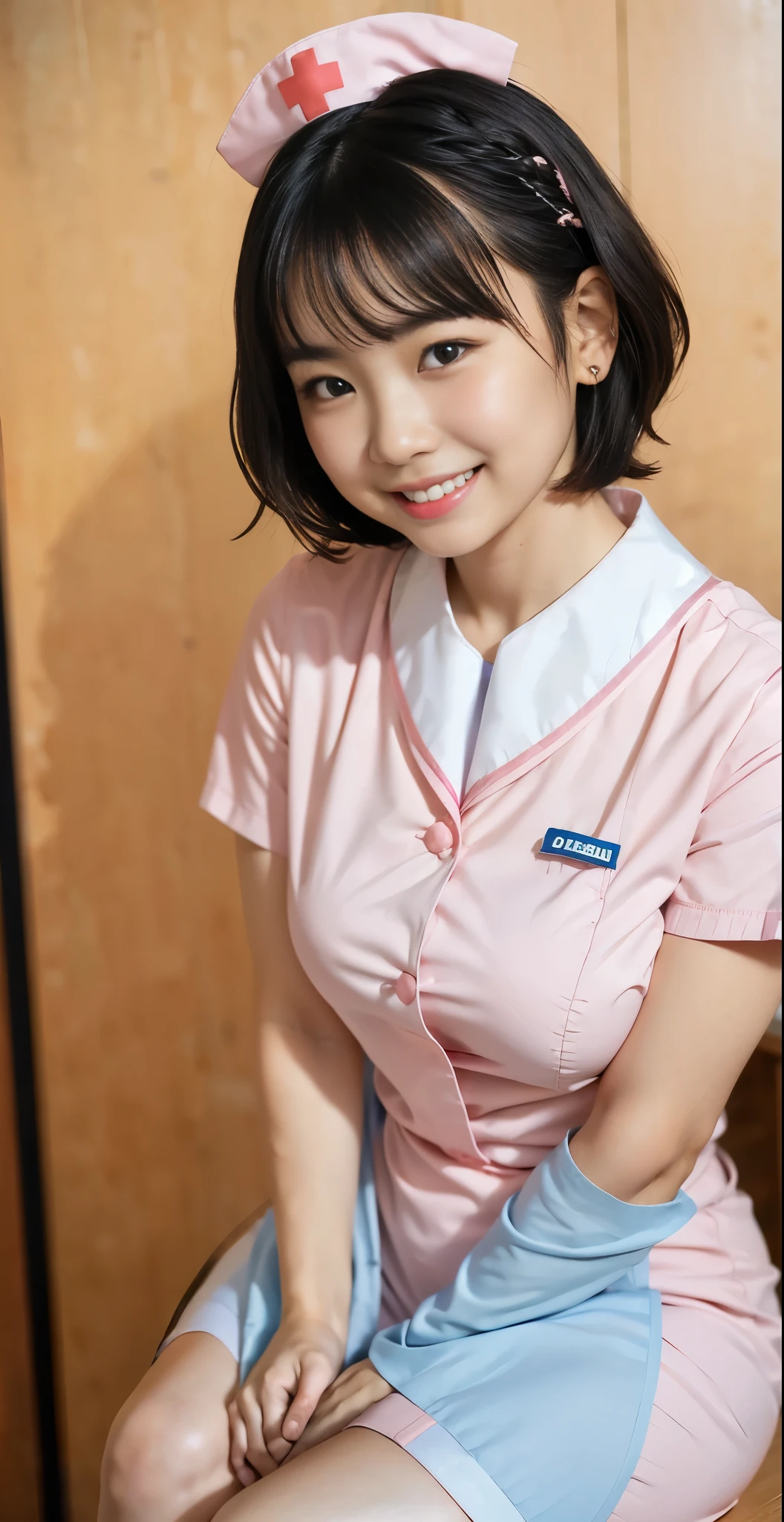 (8k、Raw photography、highest quality、masterpiece:1.2),(black haired、very short hair:1.8),(twin mitsu braid:1.4)、show viewer,Looking at the front,erotic,white skin,(Wearing pink nurse clothes:1.7)、()、(Clothing that emphasizes the shape of your chest、publish one'Skin:1.6)、(big breasts :1.2)、slim body shape、ultra high resolution,beautiful,beautiful fece,(alone、no background:1.9),whole bodyボディー,japanese woman,(Photoreal:1.37)、photon mapping,reality、(-face cute: 1.0)、(cute smile: 1.7)、(With a round face: 1.7)、radio city、Physically based rendering、depth of field rally background、photograph, (I can see your knees,close up of thighs:1.5),whole body、super fine