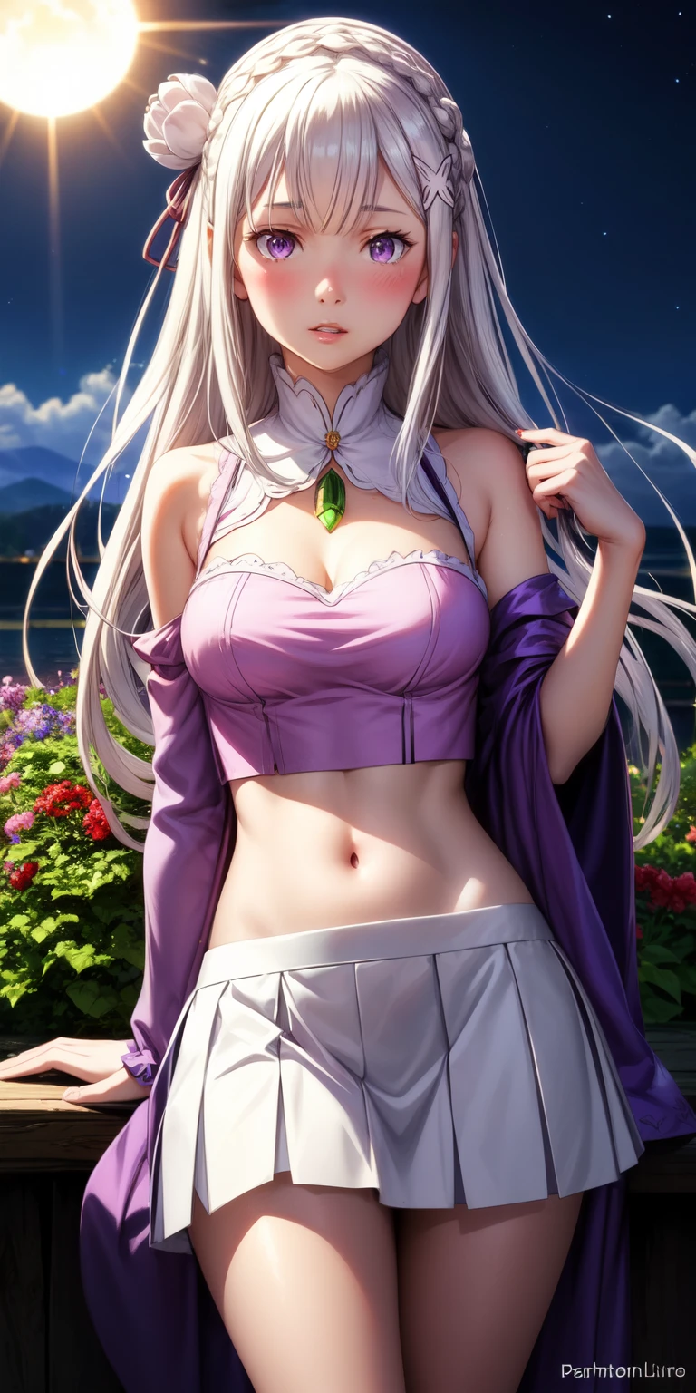 Emilia re:zero, Emilia, realistic, 1girl, white hair, purple eyes, glowing eyes, crown braid, medium breasts, mature face, adult, hair ornament, x hair ornament, flower hair ornament, crop top, skirt, parted lips, blush, night, flowers, sun, sunlight,