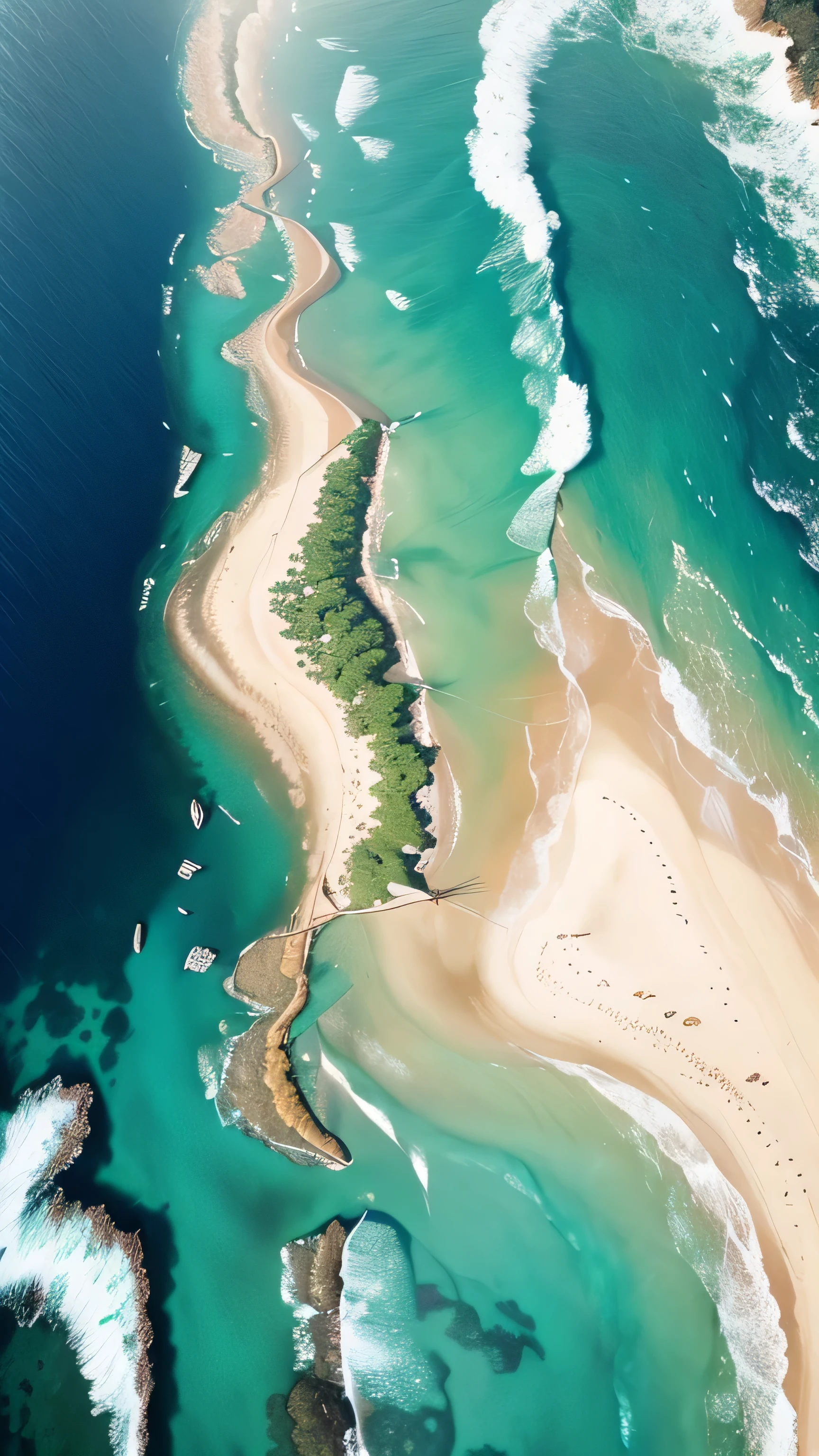 aerial view (view of a funny): coral reef ([9:16]), stretched out in the sea meandering: separating the sea on one side from the clear green water and the other clear blue (realistic and vivid colors, ultra-detailed, 16K, photography, great sharpness, sharp photography, photo detail, bokeh, detailed pixel). view from the sky 