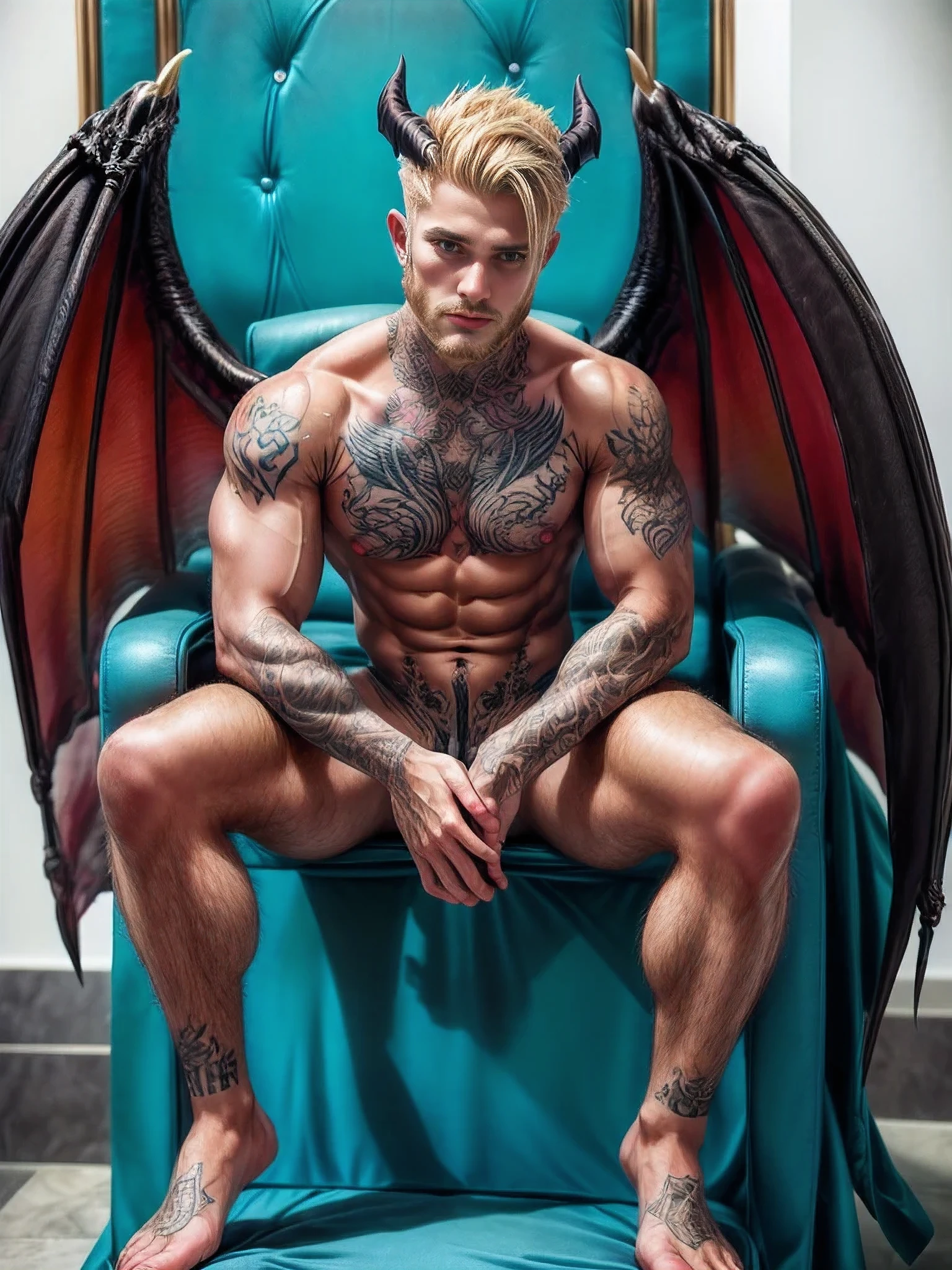 1boy, 25 years old, tan skin, white to blonde faded hair, full body tattoo, body hair, facial hair, demon horn, demon wings, hell throne