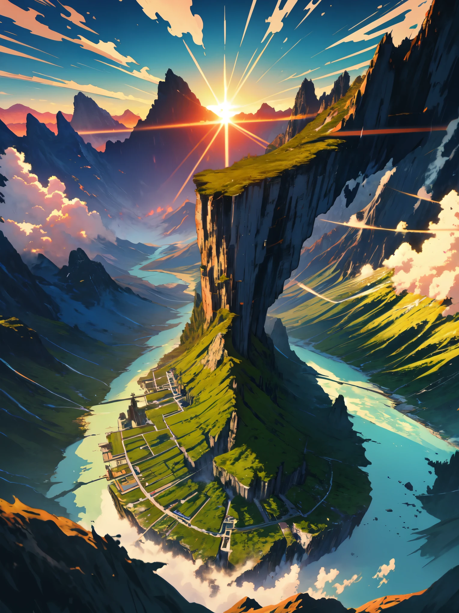 ancient china landscape, Mountain, river, auspicious cloud, sunlight, masterpiece, Super detailed, magnificent composition, ultra hd, high quality, very detailed, official art, unified 8k wallpaper, Super detailed, 32k -- v6