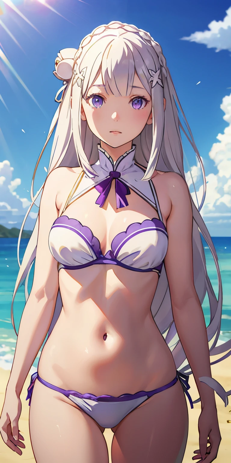 realistic, 1girl, Emilia re:zero, crown braid, flower hair ornament, x hair ornament, white hair, long hair, purple eyes, bikini, beach, light particles, light rays, wallpaper