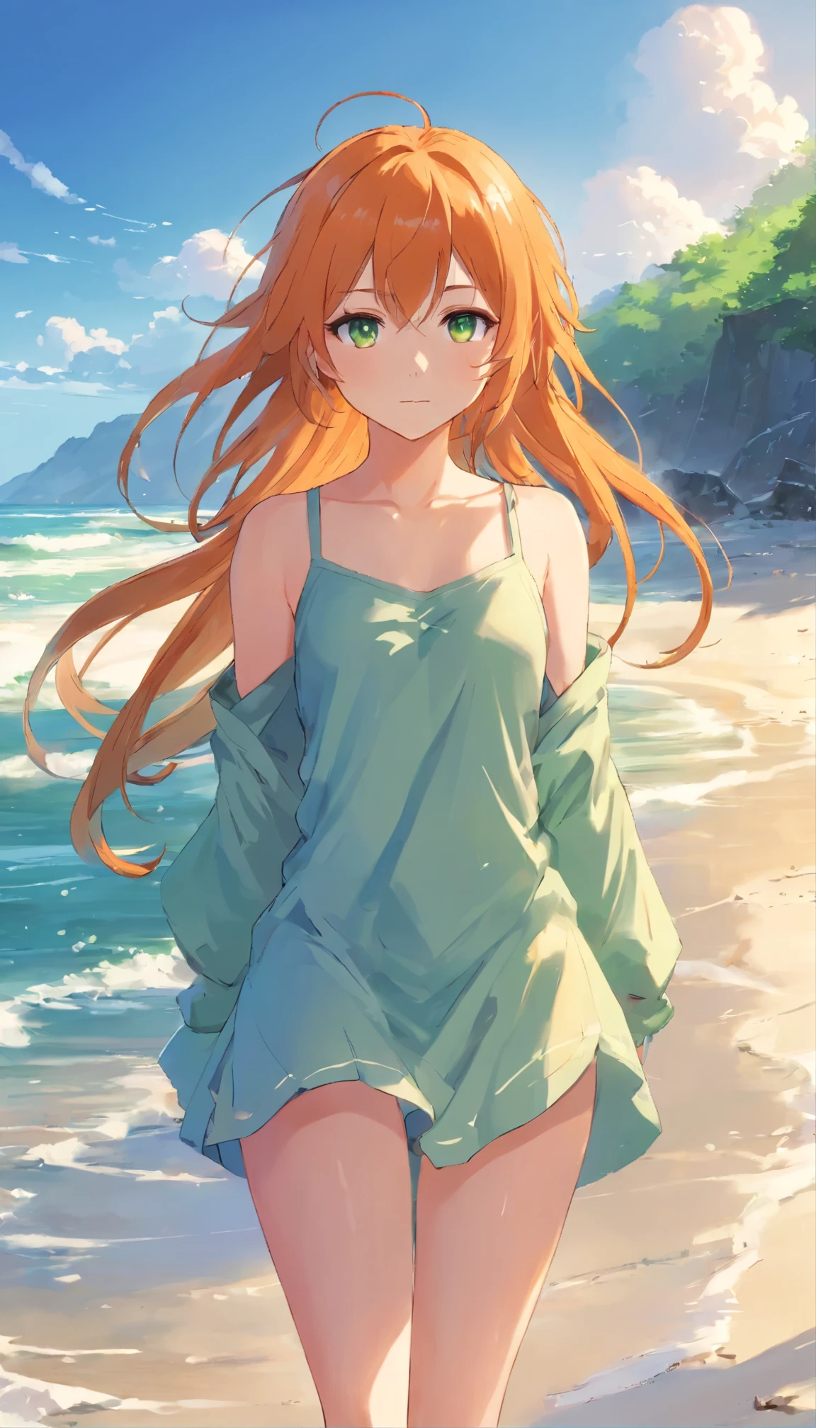 Anime girl with long orange hair, standing on the beach near the ocean, green eyes detailed digital anime art, Anime girl with long hair, гладкое аниме cg art, Anime girl with long hair, digital anime art, work in Guweiz style, Beautiful anime portrait, Photorealistic render of an anime girl, Beautiful anime girl, advanced digital anime art, guweiz на artstation pixiv HD UHD HQ