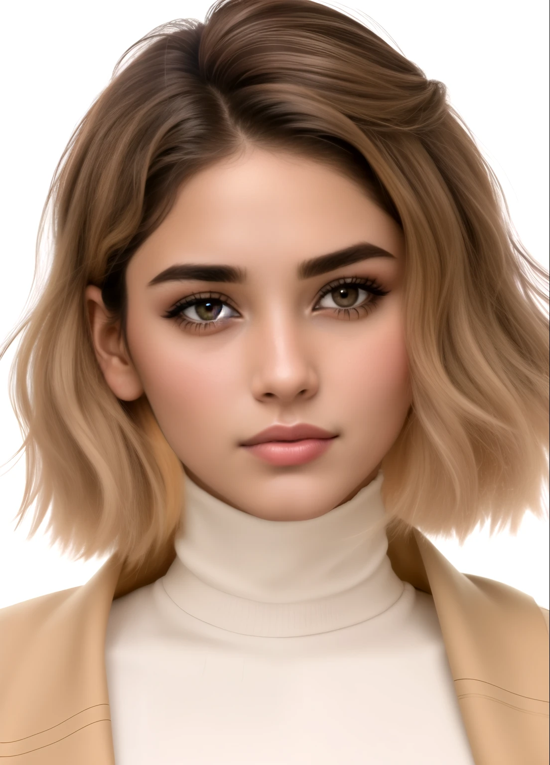 um close de uma mulher com gola alta branca e casaco marrom, detailed Realista face, Realista rosto detalhado, real rosto detalhado, Realista | rosto detalhado, highly detailed Realista face, Realista and rosto detalhado, ultra Realista face, detailed and Realista face, single Realista face, hyperRealista , face Realista, pele brilhante, Realista shaded perfect face, mesmo tom de pele