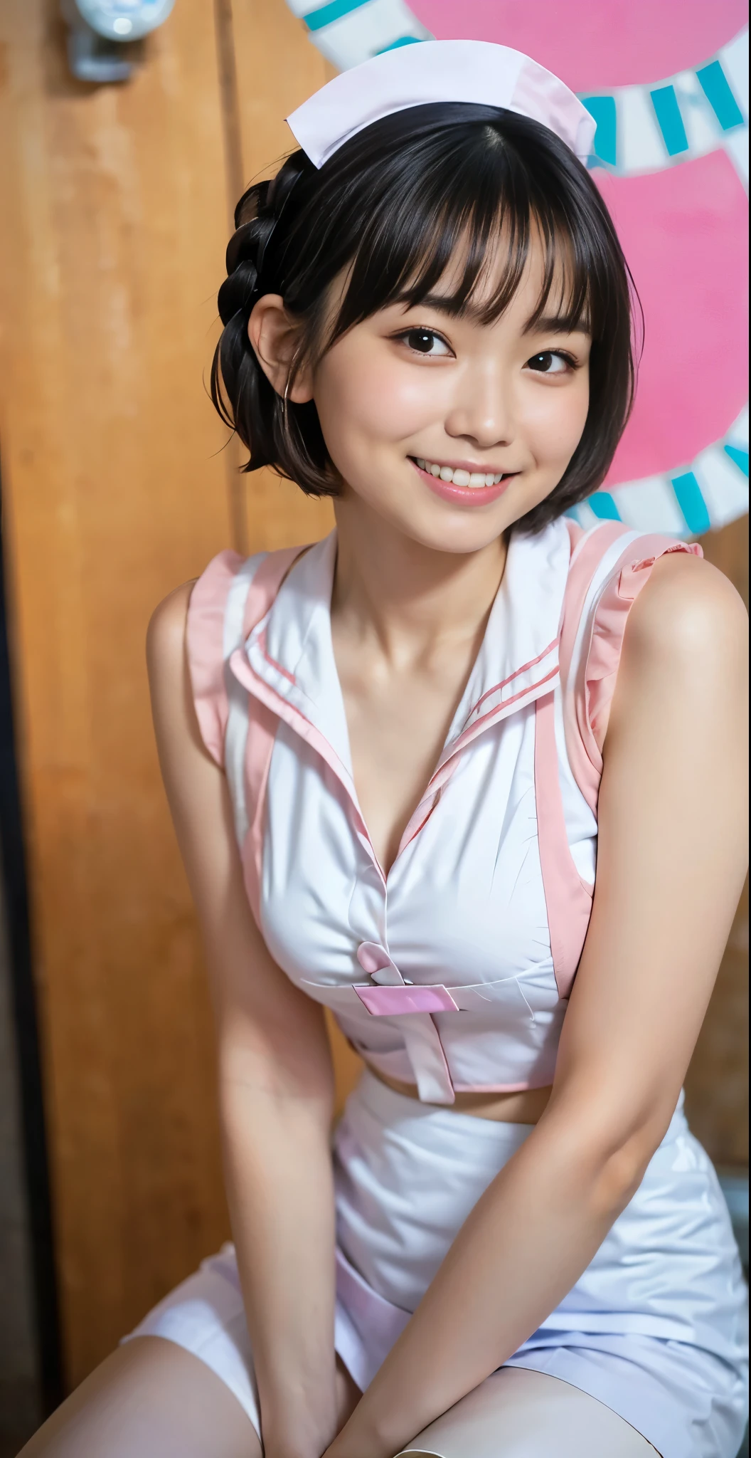 （8k、Raw photography、highest quality、masterpiece：1.2),(black haired、very short hair:1.8),(twin mitsu braid:1.4)、show viewer,Looking at the front,erotic,white skin,(Wearing pink nurse clothes:1.7)、()、(Clothing that emphasizes the shape of your chest、publish one&#39;Skin:1.6)、(big breasts :1.2)、slim body shape、ultra high resolution,beautiful,beautiful fece,(alone、no background:1.9),whole bodyボディー,japanese woman,（Photoreal：1.37）、photon mapping,reality、(Baby-faced and cute: 1.0)、(cute smile: 1.7)、(With a round face: 1.7)、radio city、Physically based rendering、depth of field rally background、photograph, (I can see your knees,short skirt、I can see white pants、close up of thighs:1.5),whole body、super fine