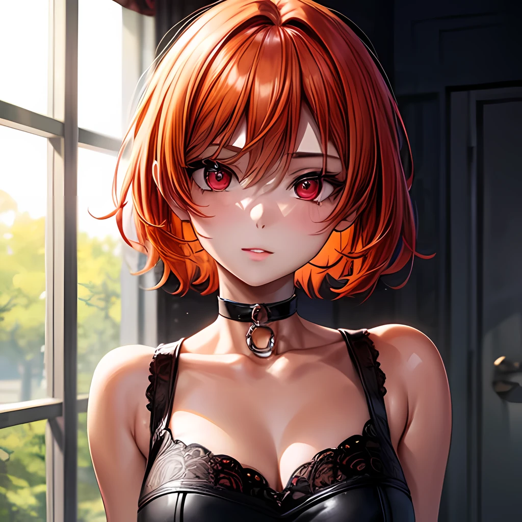Masterpiece, best quality, 1girl, red eyes, orange hair, short hair, slit eyes, face close up, looking at viewer, choker,