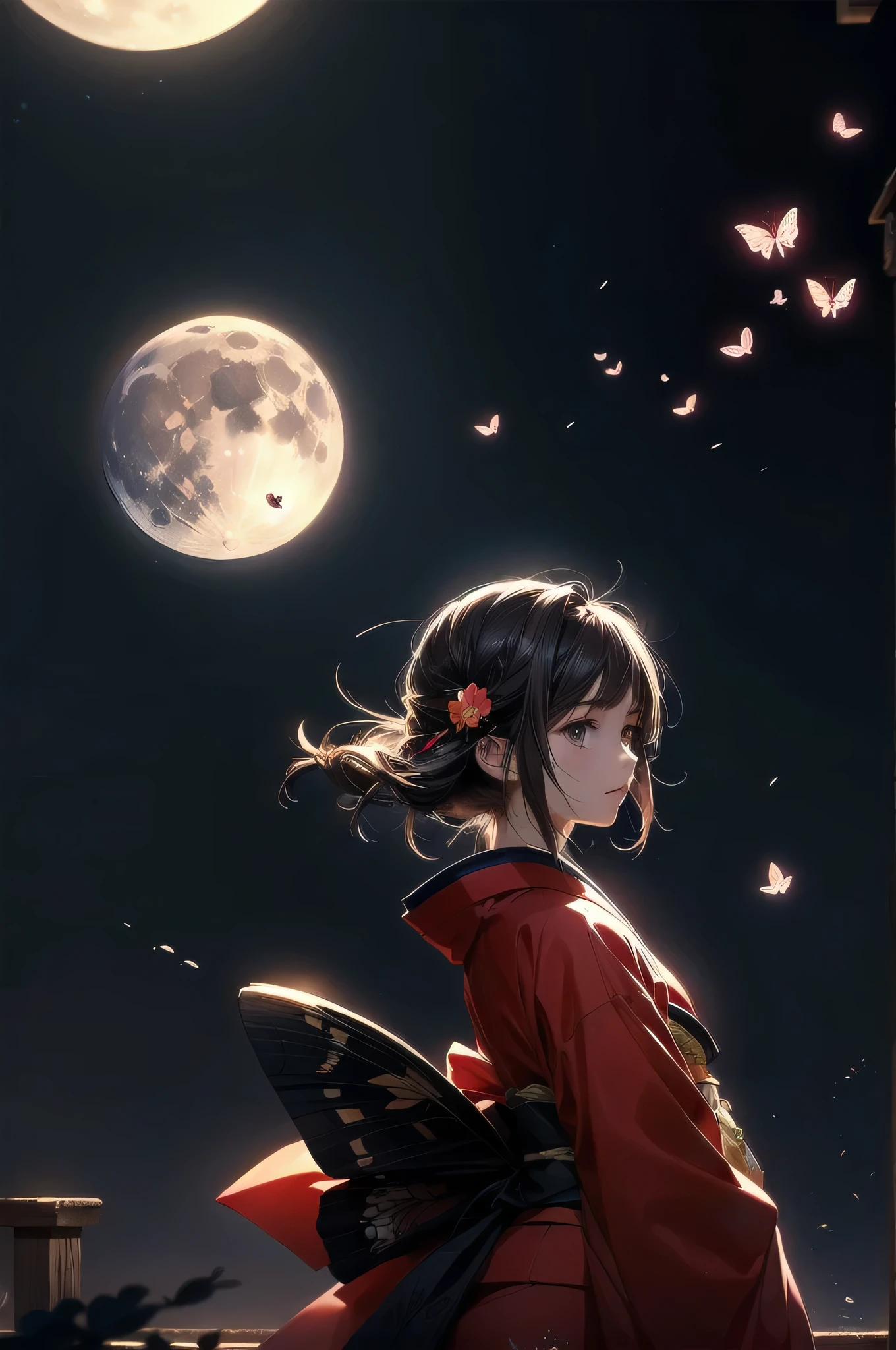 1 girl, wide shot, standing in front of bloody full-moon,front,  from below , red kimono, swarm of butterflies on the background,High resolution,(incredibly absurd),anime visual,Highly detailed CG Unity 8k wallpaper, ((masterpiece)), ((highest quality)), (beautiful illustrations), ((very delicate and beautiful))