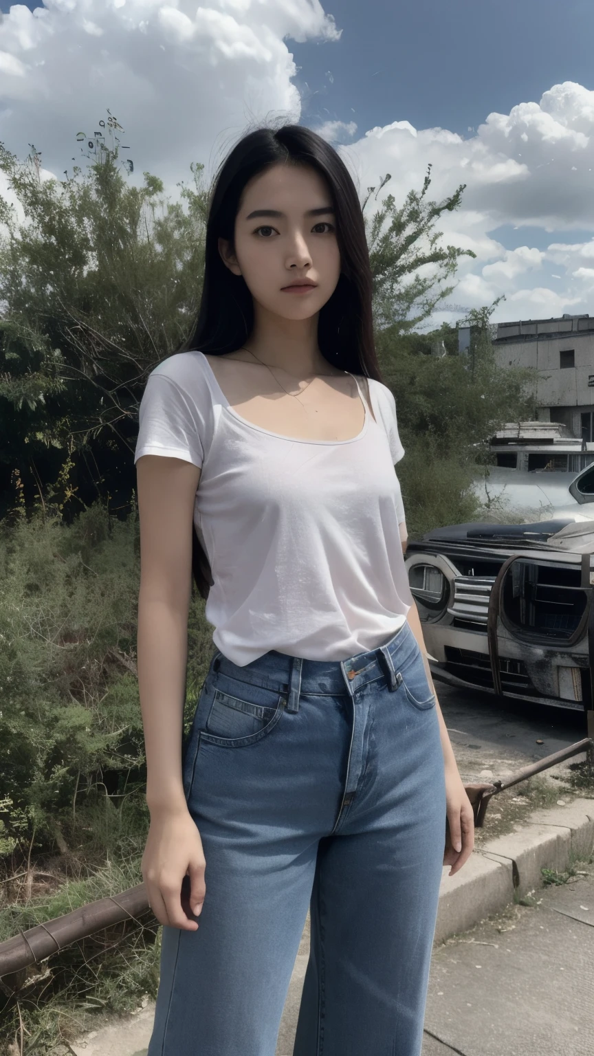 Chinese girl, look at the audience, long hair, shirt, jeans, cloud, sky, sky空,Outdoor activities, post-apocalyptic, ruins, landscape, tree, water,