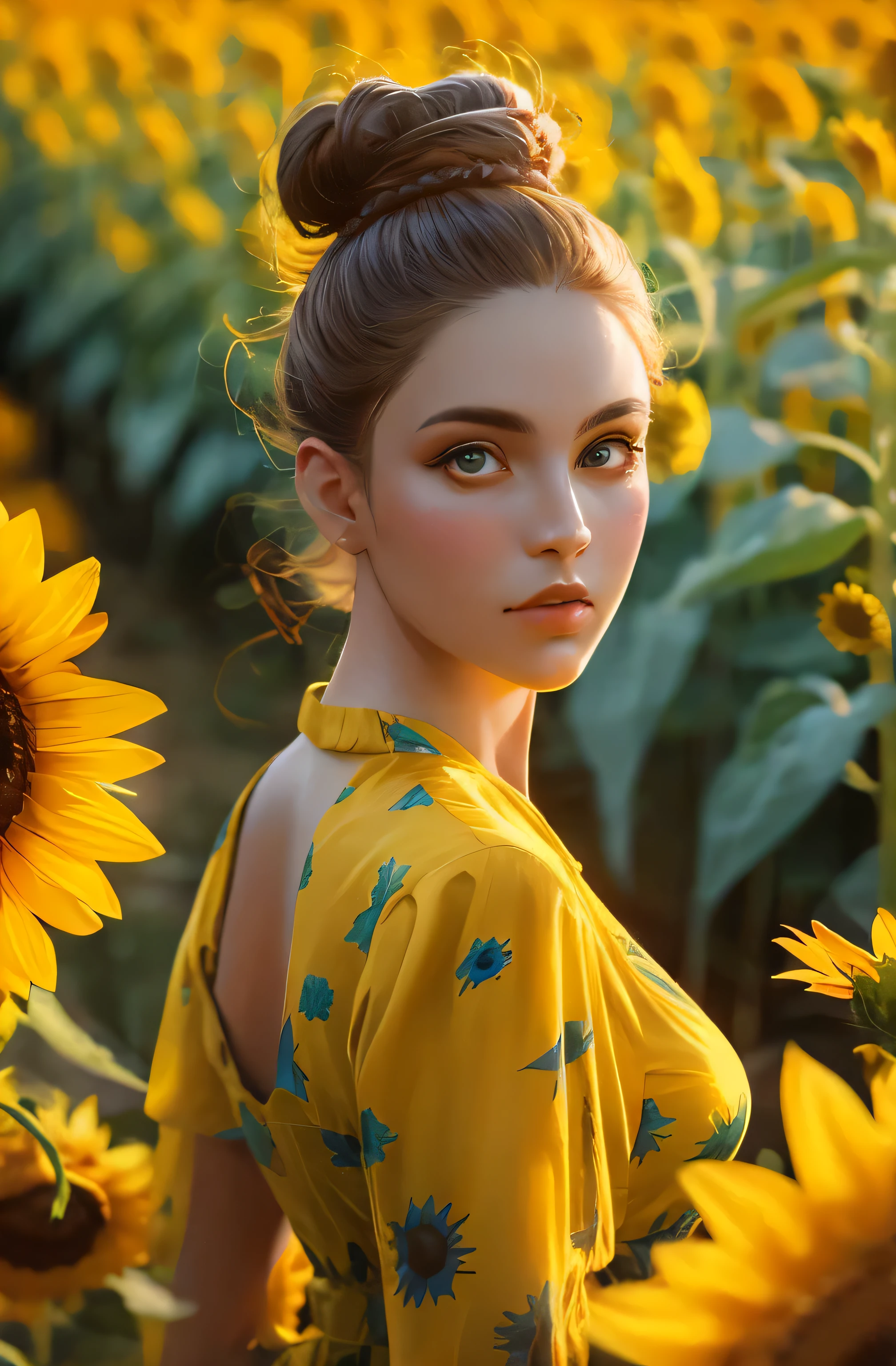 chubby woman in a yellow dress standing in a field of sunflowers, linda mulher amarela, foto de retrato suave 8k, Foto de retrato 4k, foto de retrato, cores: yellow sunflowers, cores : yellow sunflowers, linda foto de retrato, linda garota modelo, fotografia de retrato 4k, fotografia de modelagem, 4k color photo portrait, linda modelo de , Por Irakli Nadar