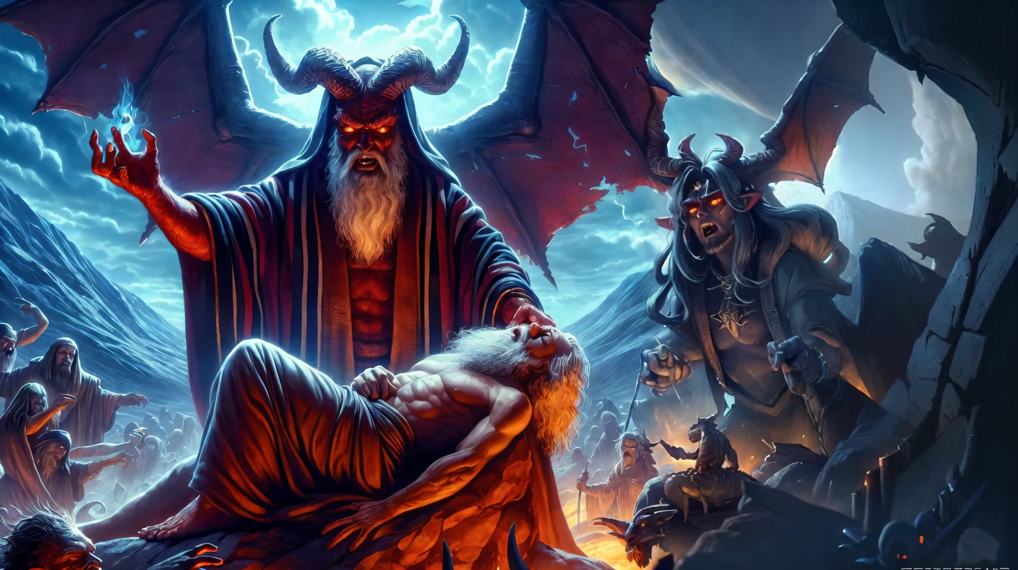 a painting of a man with a beard sitting on a rock surrounded by demons, satan in hell, by Jeff Easley, jeff easley cinematic, the devil in hell as a dragon, virgil finlaytim hildebrandt, satanism, the final battle in hell, by Tim Hildebrandt, an ominous fantasy illustration, oil canvas of lucifer, scary horrifying satanic rituals