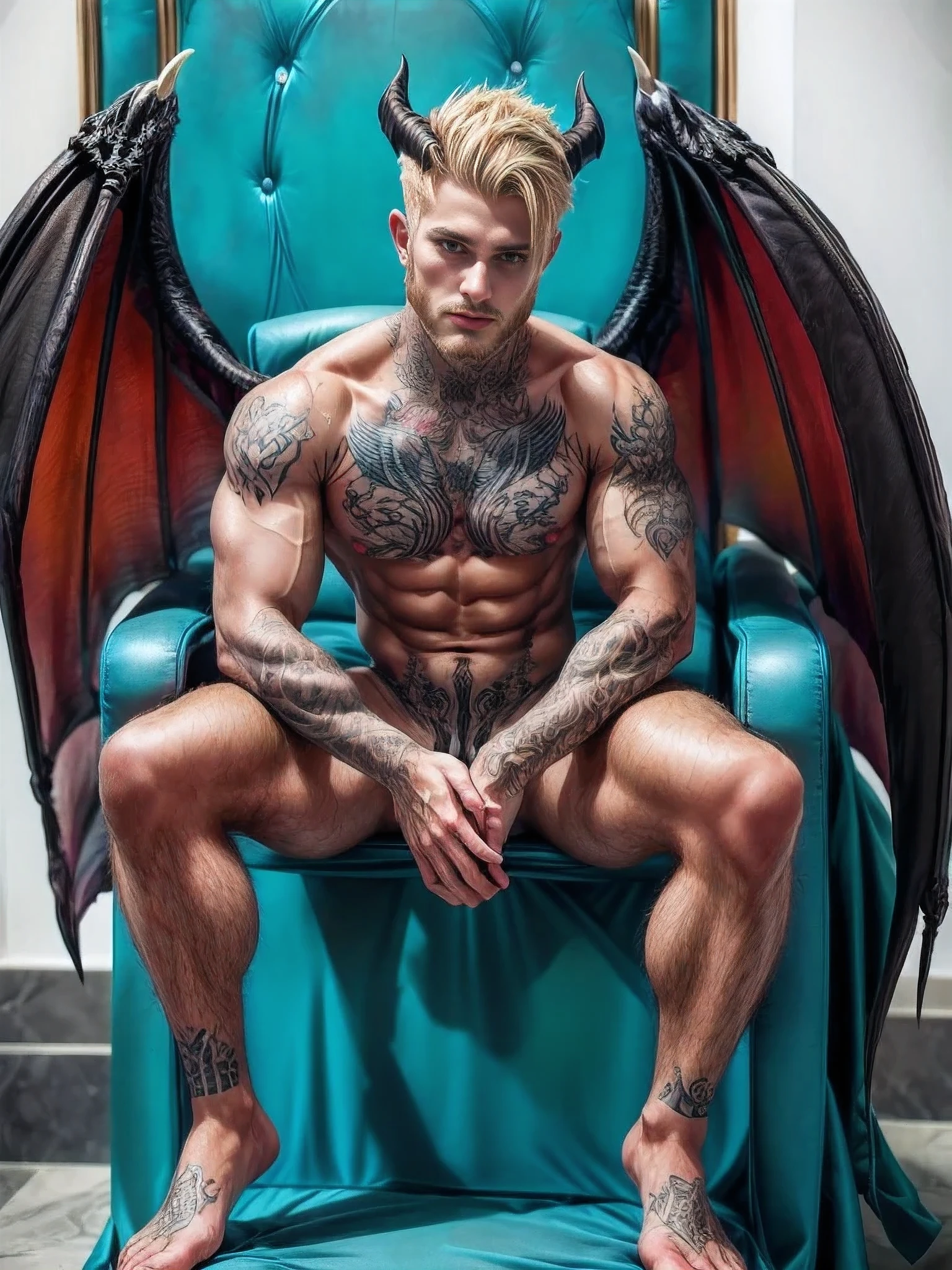 1boy, 25 years old, tan skin, white to blonde faded hair, full body tattoo, body hair, facial hair, demon horn, demon wings, hell throne