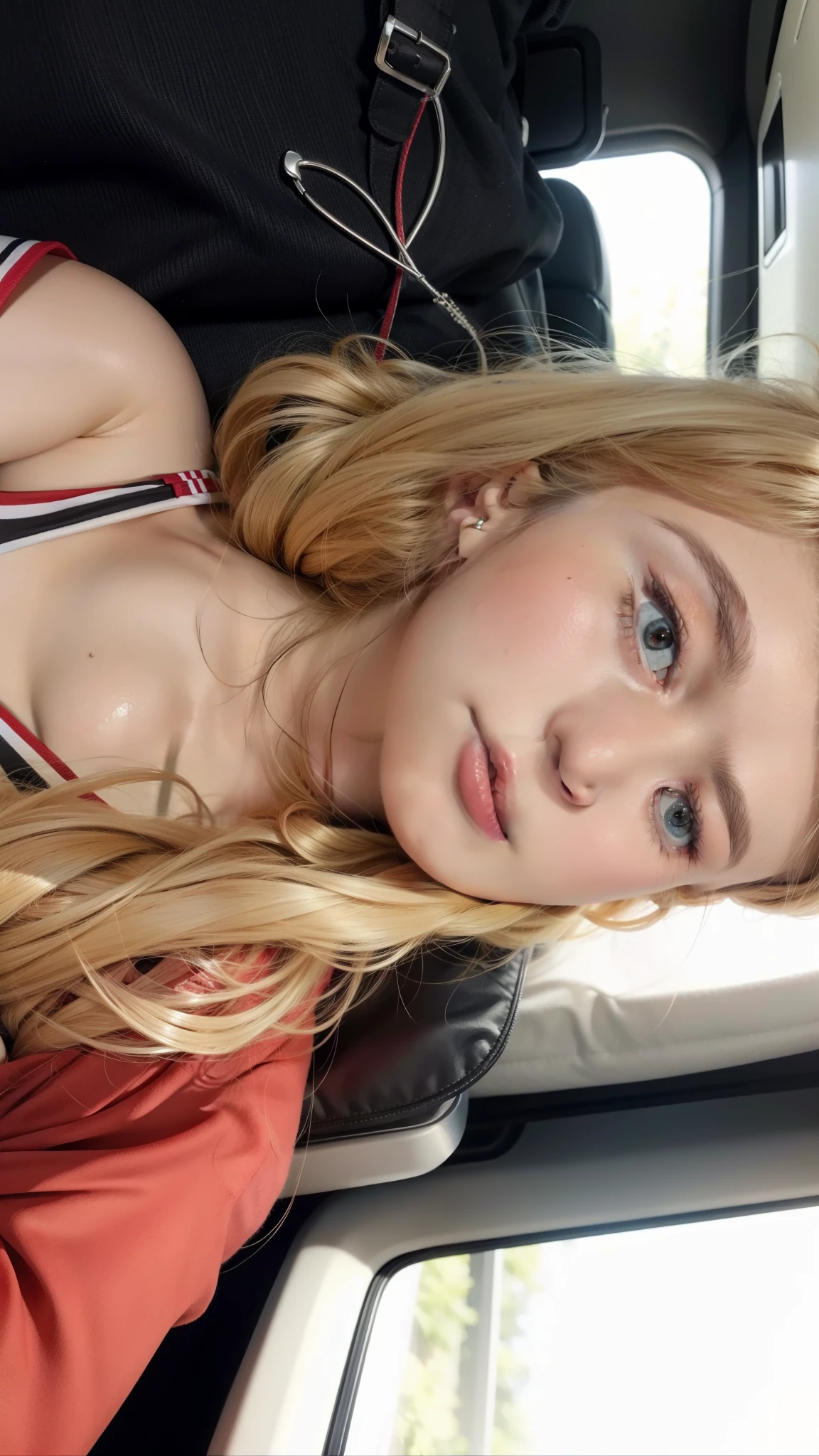 mujer rubia en un auto con una camisa roja y un bolso negro, sydney sweeney, pelo largo y rubio y ojos grandes, chica de belleza asombrosa, y ojos azules