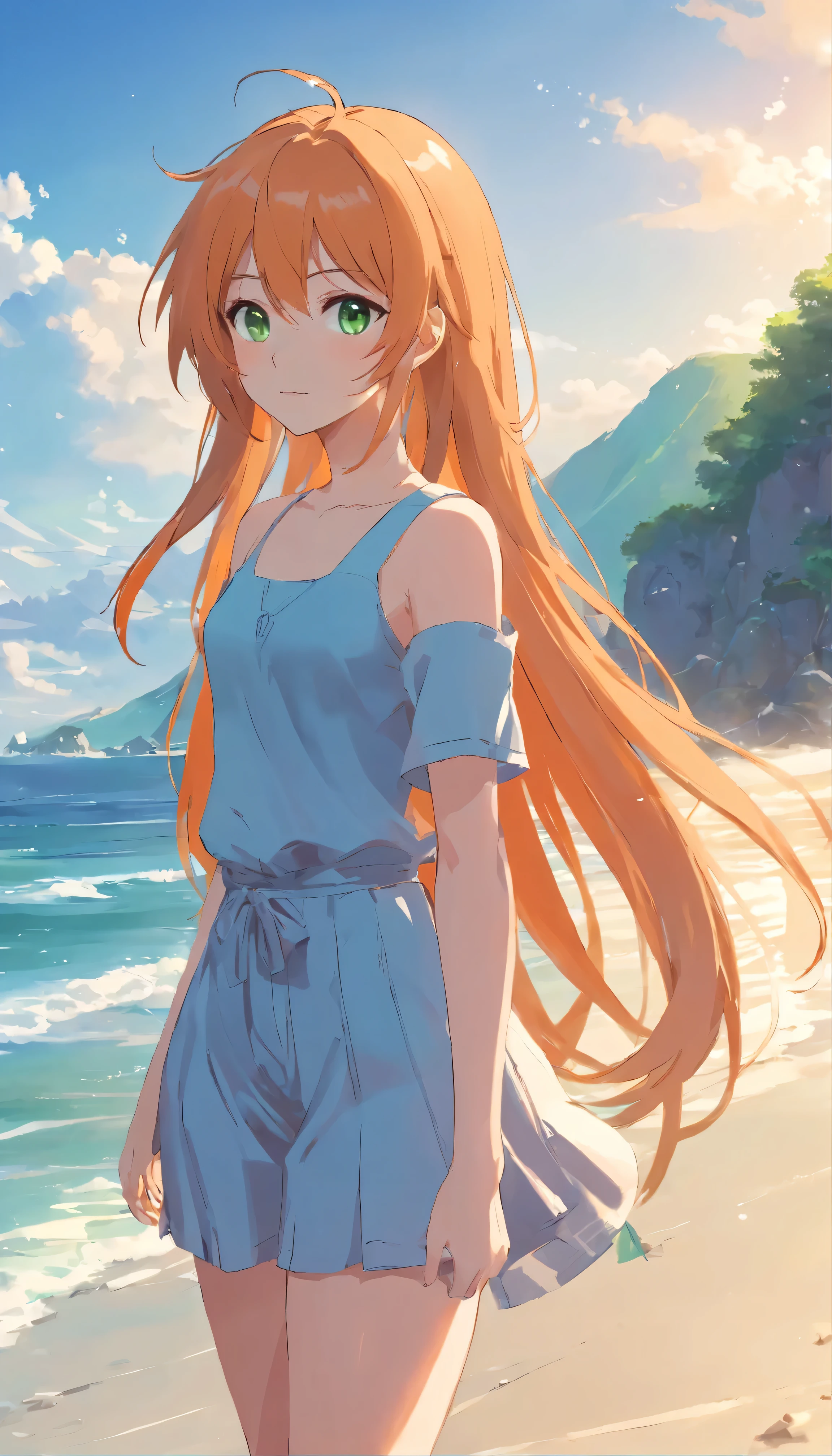 Anime girl with long orange hair, standing on the beach near the ocean, green eyes detailed digital anime art, Anime girl with long hair, гладкое аниме cg art, Anime girl with long hair, digital anime art, work in Guweiz style, Beautiful anime portrait, Photorealistic render of an anime girl, Beautiful anime girl, advanced digital anime art, guweiz на artstation pixiv HD UHD HQ