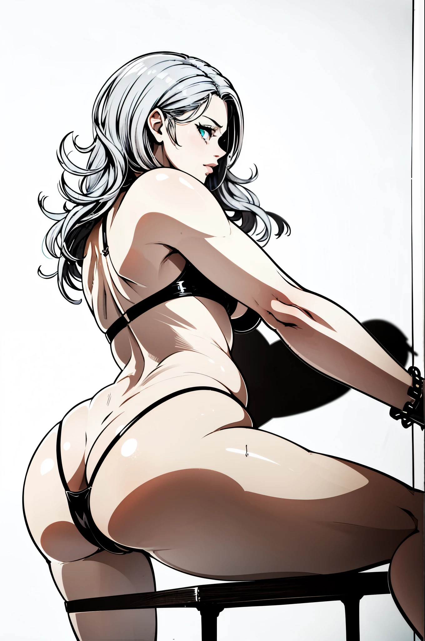 A dark-skinned woman with a big butt wearing a black thong. The artwork is created using a combination of digital illustration and photography. The scene features the woman standing confidently with her back to the viewer, showcasing her curvaceous figure. The artwork is of the highest quality, with ultra-detailed rendering and a photorealistic approach. The lighting is dramatic, with a spotlight highlighting the woman's silhouette and creating shadow patterns on her body. The color palette is rich and vibrant, with deep tones accentuating the woman's dark skin. The artwork exudes sensuality and celebrates body positivity, portraying the beauty of diverse body types.