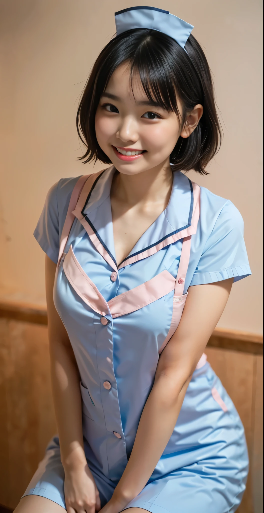 (8k、Raw photography、highest quality、masterpiece:1.2),(black haired、very short hair:1.8),(twin mitsu braid:1.4)、show viewer,Looking at the front,erotic,白いskin,(she is wearing a pink nurse uniform。.:1.7)、()、(Clothing that emphasizes the shape of your chest、publish one'skin:1.8)、(big breasts :1.4)、slim body shape、ultra high resolution,beautiful,beautiful fece,(alone、no background:1.9),whole bodyボディー,japanese woman,(Photoreal:1.37)、photon mapping,reality、(Baby-faced and cute: 1.0)、(cute smile: 1.7)、(With a round face: 1.7)、radio city、Physically based rendering、depth of field rally background、photograph, (I can see your knees,close up of thighs:1.5),whole body、super fine