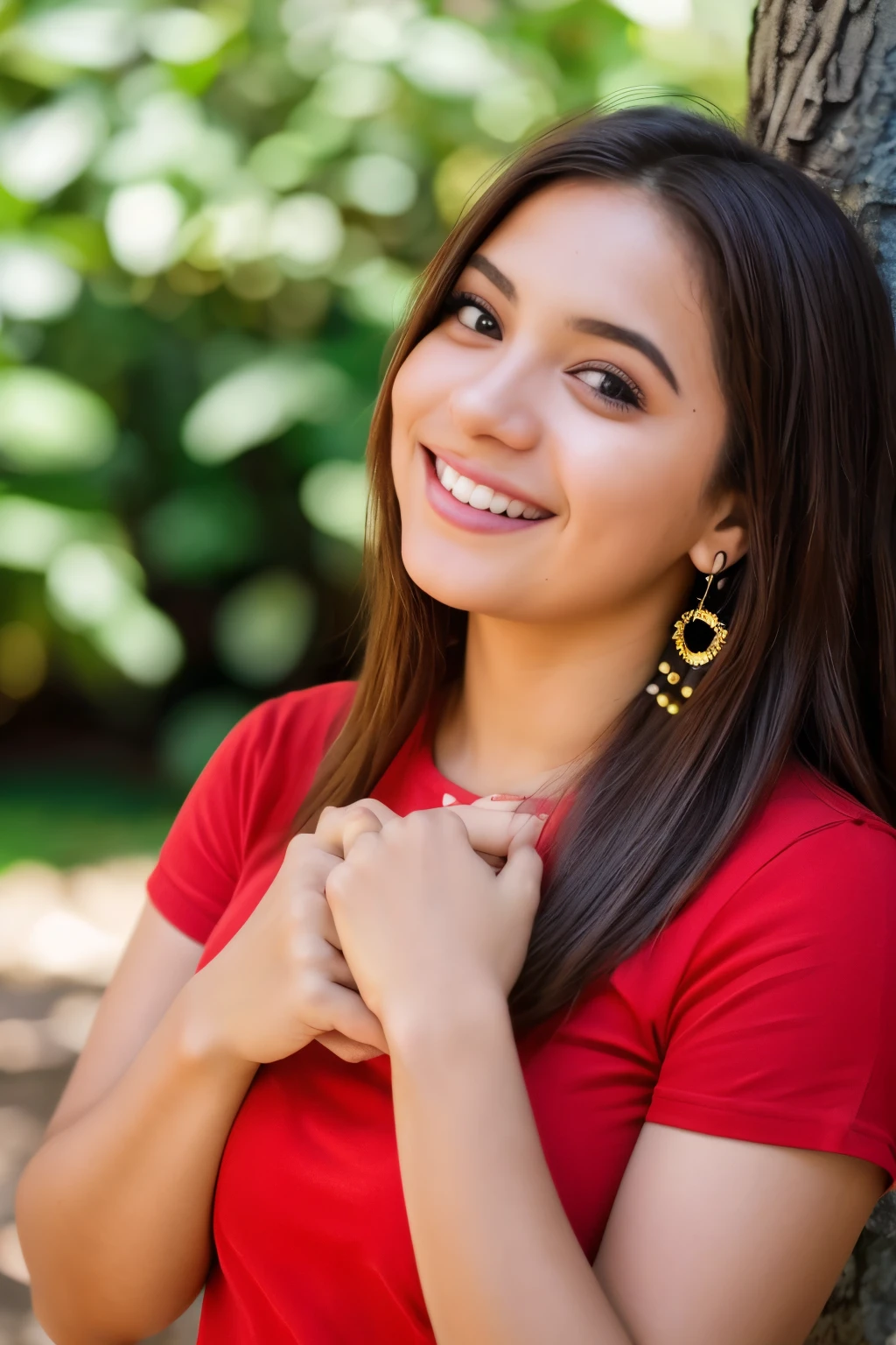 foto de uma garota de 18 anos, feliz, rindo, batendo palmas, com longa unhas vermelhas , camisa, ray tracing, sombra detalhada, filmado em Fujifilm X-T4, 85mm f1.2, sharp focus, profundidade de campo, fundo desfocado, bokeh, 