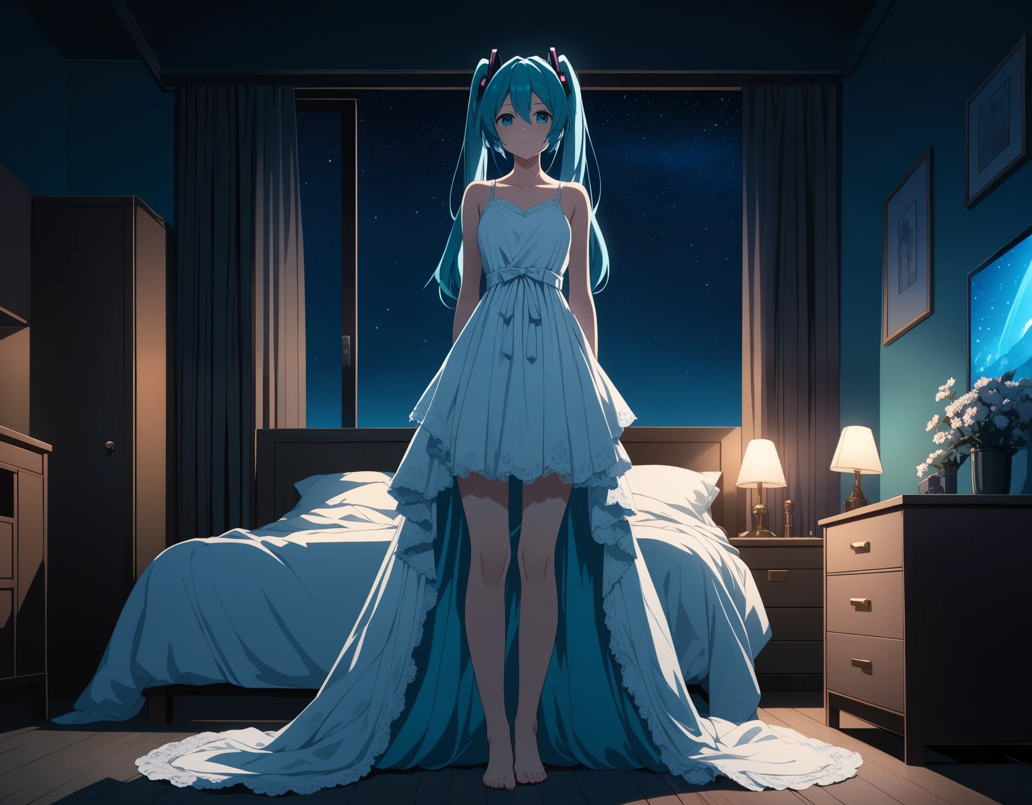 hatsune miku, full body, closed mouth, looking at viewer, arms behind back, white gown, bare feet, standing, bedroom, night, nighttime, night sky, dark background, blue theme, intricate detail, amazing quality, amazing shading, Detailed Illustration, cinematic lighting, soft lighting, anime style, masterpiece, best quality, highres, 4k, 8k, high details