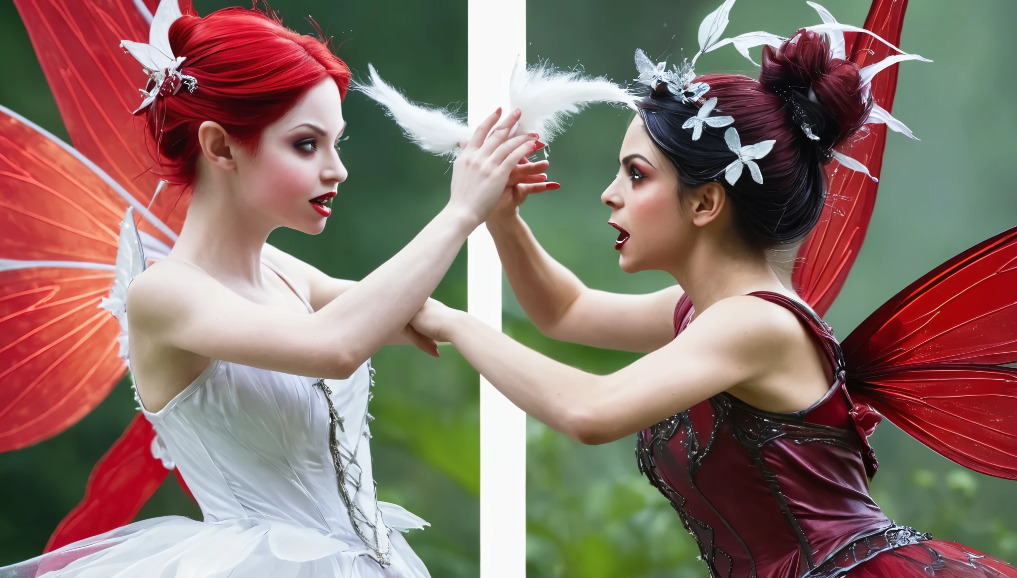 2 fairies fight, one dark red and the other white, the red fairy has an evil face, then the white fairy on her left arm has the color of the dark red fairy