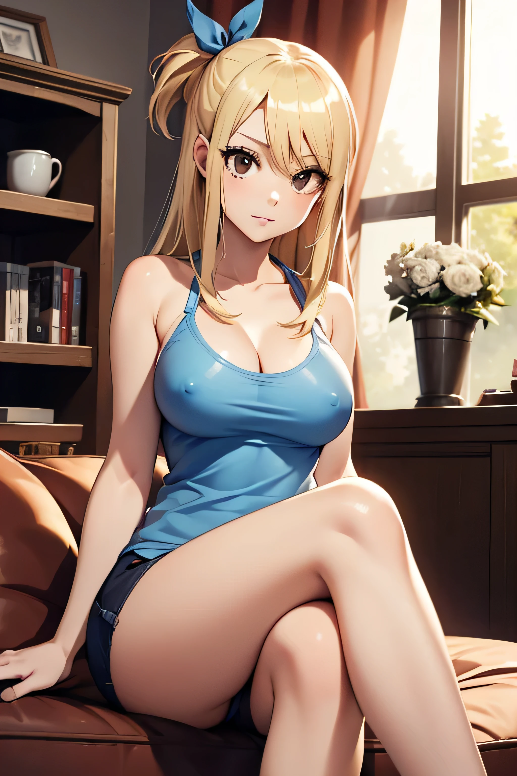 absurdos, high resolution, ultra-afiado, 8K, {obra de arte}, olhos expressivos, melhor qualidade, rosto perfeito, 1 garota, Sozinho, Lucy Heartfilia, cabelo longo, Cabelo loiro, olhos castanhos, Quarto, camisole, sentado com as pernas cruzadas, visible nipples,