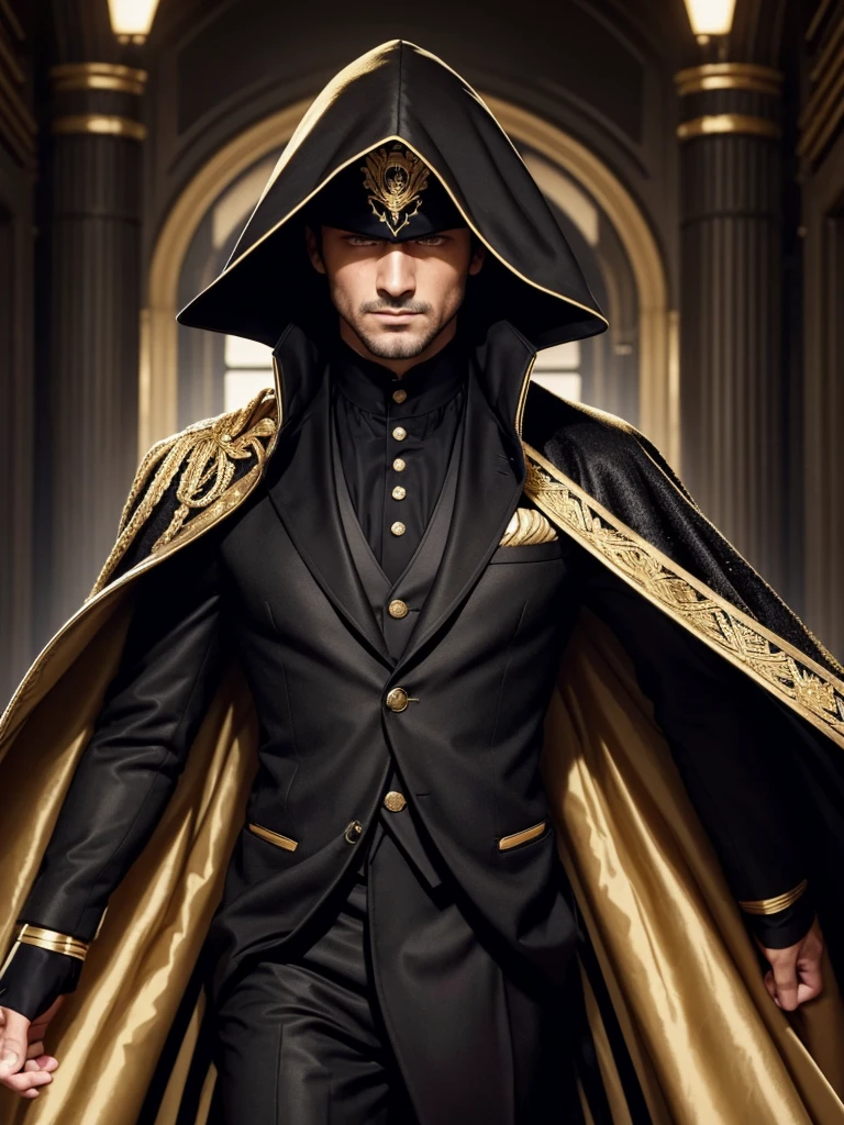 man in a black and gold overcoat with a cape covering his head