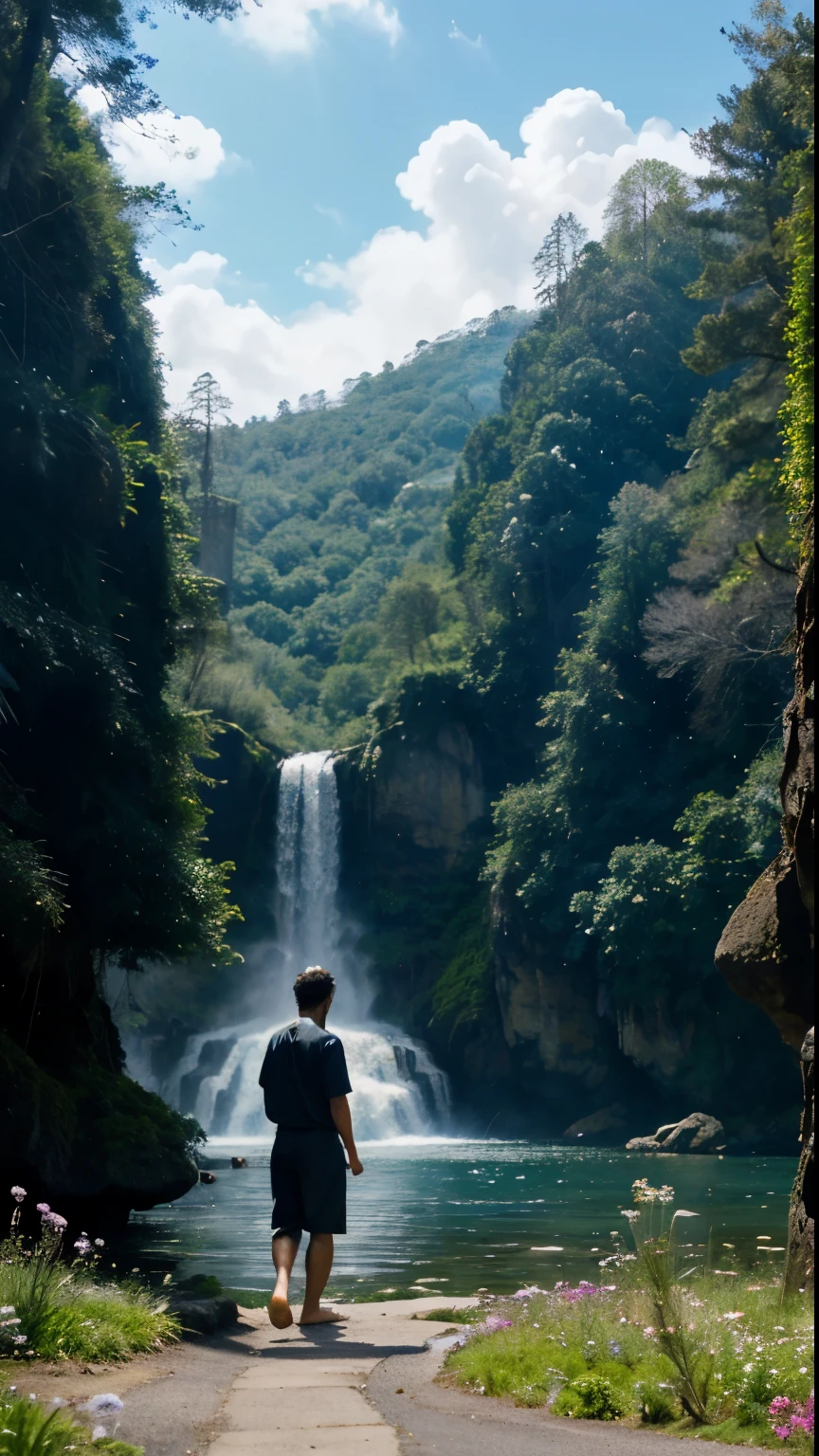 a man walks along the road barefoot, leaning on a stick. Wonderful flowers grow behind him. in the sky galaxy.waterfall.view above the water magical forest mountains moss.lots of bonsai.view underwater. big sturgeon fish.