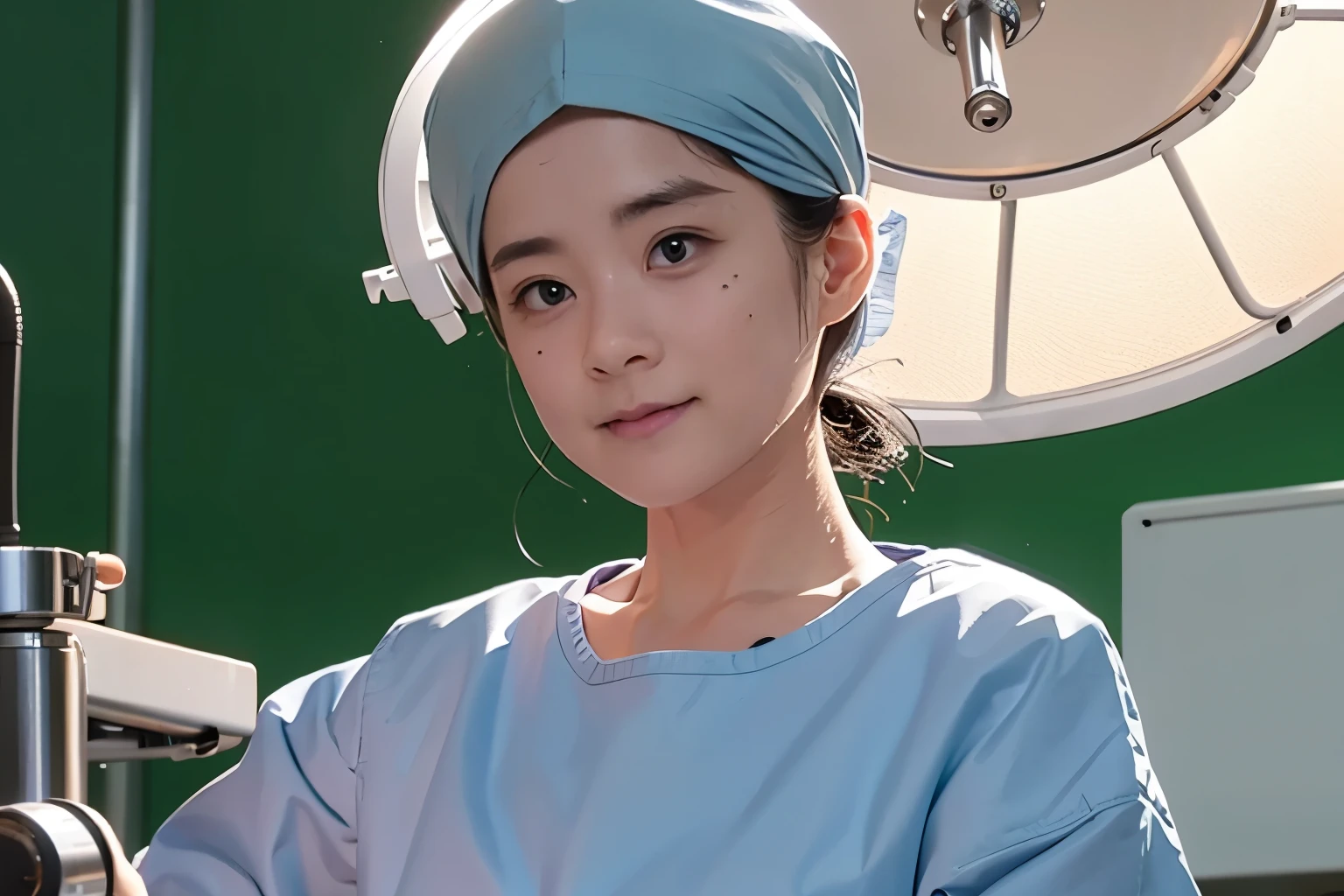 (highest quality,High resolution:1.2),Super detailed,(realistic:1.37) 1 girl,wearing a long-sleeved surgical gown,wearing a surgical mask,wearing surgical gloves,wearing a surgical hat,In the operating room,under the overhead lamp