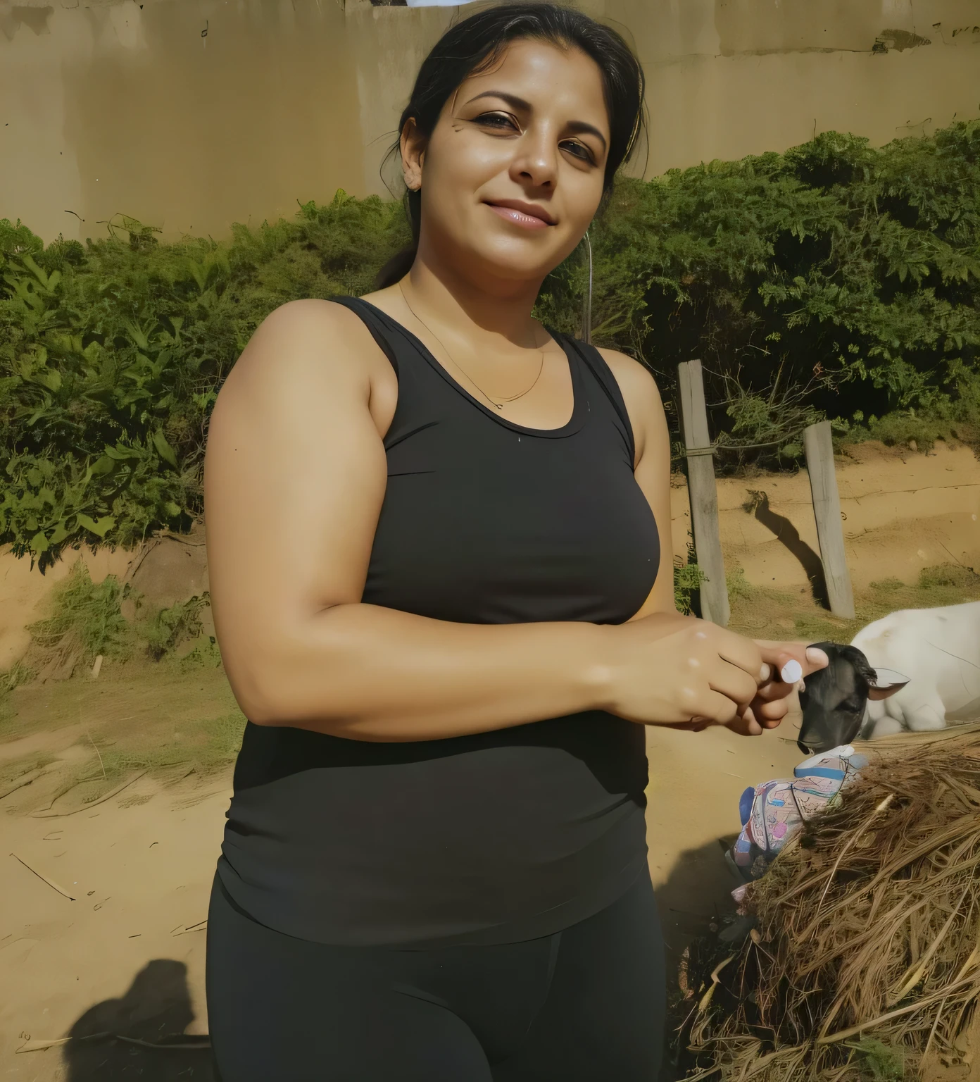 mulher em frente a uma pilha de feno com uma vaca ao fundo, foto de retrato, imagem de perfil, Mulher de 30 anos, pilar, 3 Brazilian mother of 5 years, centre image, album photo.