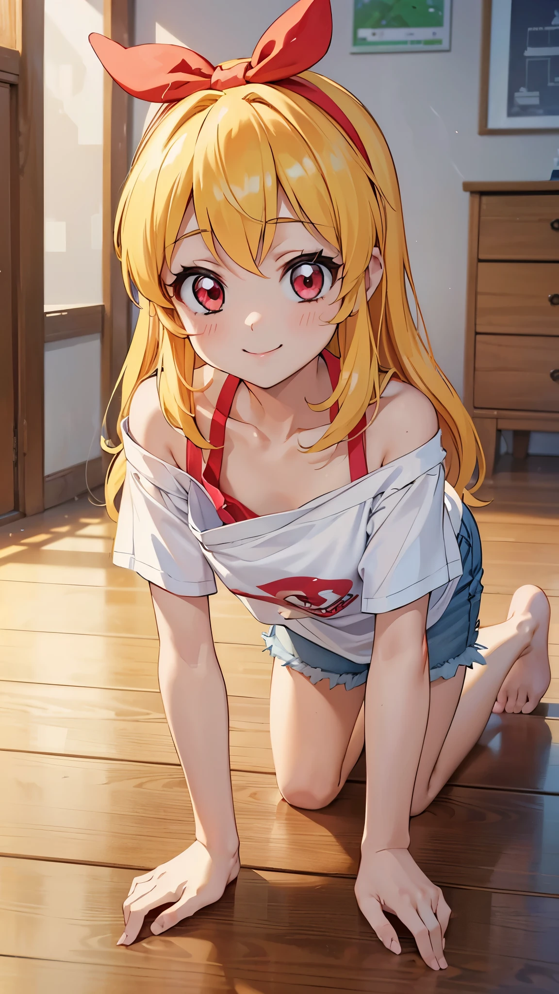 aikatsu,Blonde_HAIR,RED_HAIR_band,masterpiece{{{masterpiece}}}, {{{best quality}}}, {{ultra-detailed}},{{{high resolution}}},{anime cg}, beautiful girl,, Elementary school student,(over scoop neck T-shirt, Clothes with very loose neck), (beautiful small breast), (crawl on all fours floor), (shorts),(((nipple slip from over scoop neck T-shirt, Clothes with very loose neck clothed))), can see the nipples ,smile,children's room,)