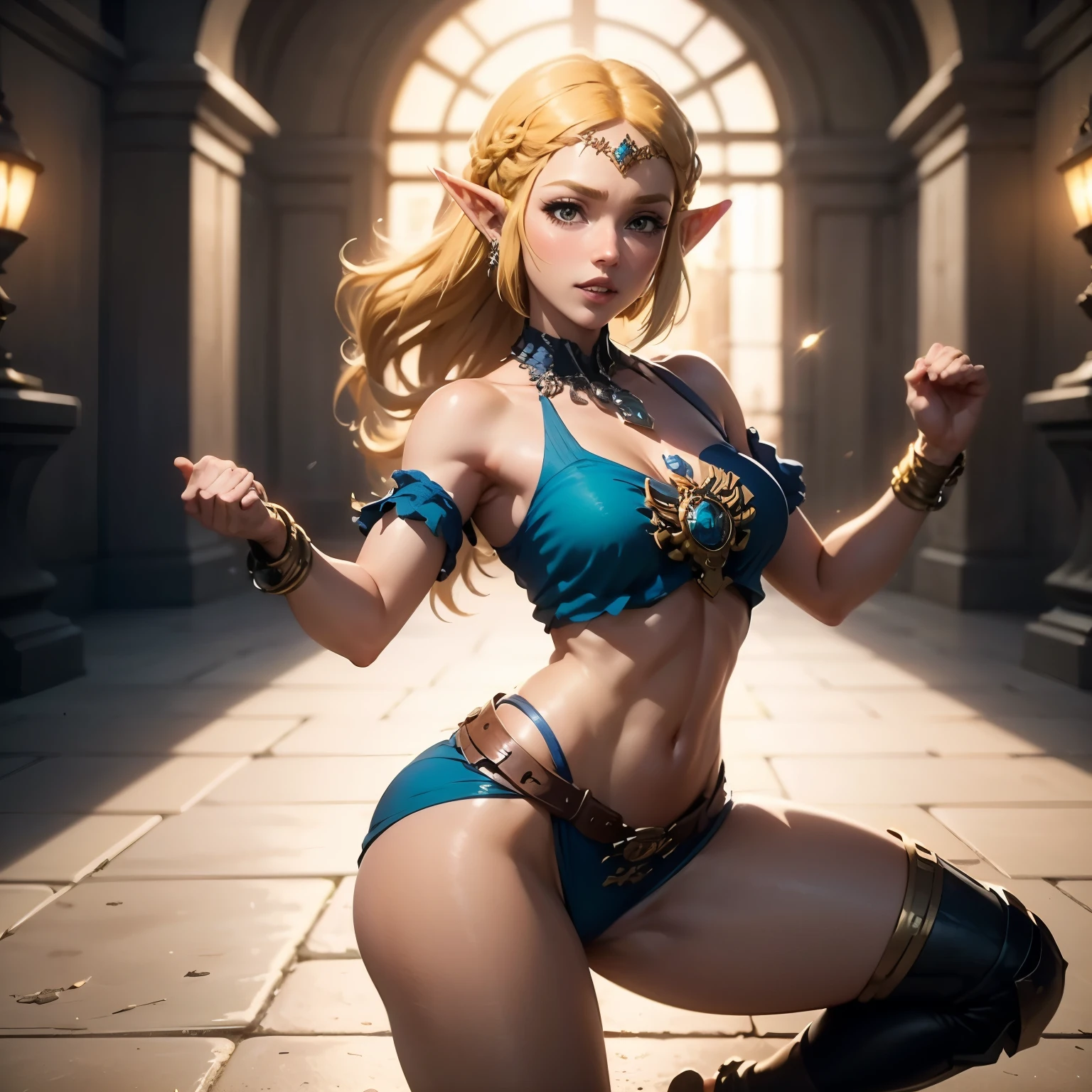 Woman with long hair dressed in blue and beige in fighting stance like a Street Fighter warrior, Zelda, retrato de cuerpo entero de zelda, leyenda de zelda, Showing the crotch, ((no tiene bragas)) con la mano en la entrepierna, enlace zelda, enlace zelda, Fotos cosplay, Ornate cosplay, Professional cosplay, cosplay, Full cosplay, moody photography artgerm, princesa zelda, Zelda como Trifuerza, Hyrule, Anime Garota cosplay, trazado de rayos, render 3d, extremadamente detallado, Alta calidad, luces y sombras realistas, pelo rubio, reflejo de los ojos, leve sonrisa, trazado de rayos, trazado de rayos, Alto detalle, realism, Hiperrealismo, Profundidad de campo, cinematic lighting, Desenfoque de movimiento, brillar, luz brillante, rayos de dios, trazado de rayos, luz reflejada, imagen remanente , multiple views, Reflejo de lente, bokeh, 4k, HD, Obra maestra, anatomically correct, piel texturizada, Super detail, Alta calidad, Mejor calidad, 8K