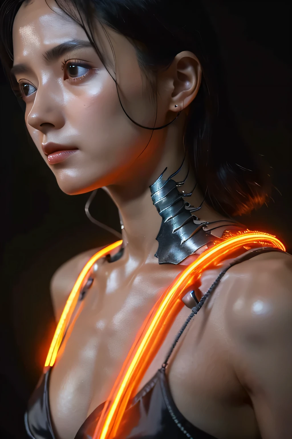 1 Mechanical Girl,((Ultra realistic details)), portrait, global illumination, Shadow, octane rendering, 8k, super sharp,Metal,Complex, ornaments, cool colors, egypt details, highly Complex details, realistic light, Trending on CGsociety, shining eyes, Face-to-face camera, neon details, mechanical limbs,blood vessels connected to tubes,mechanical vertebrae attached to the back,Mechanical cervical vertebrae attached to the neck,sitting,Wires and cables connecting to the head、Luminous body、small breasts、skinny、no makeup