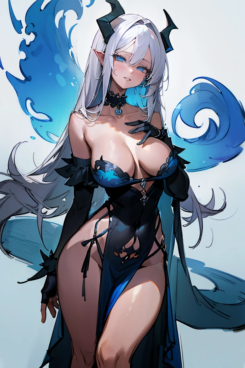 ((Sketch)), (Watercolor), 1girl, long white hair, messy hair, (four demon horns), demon tail, light blue eyes, beautiful eyes, pointy ears, detailed lips, smirk, choker, collarbone, bare shoulders, large breast, wide hips, (black revealing clothes with blue ornate), (long pelvic curtain), center opening, thigh gap, black fingerless gloves, (blue flames, blue fire background), hip dips, thick thighs, perky breasts