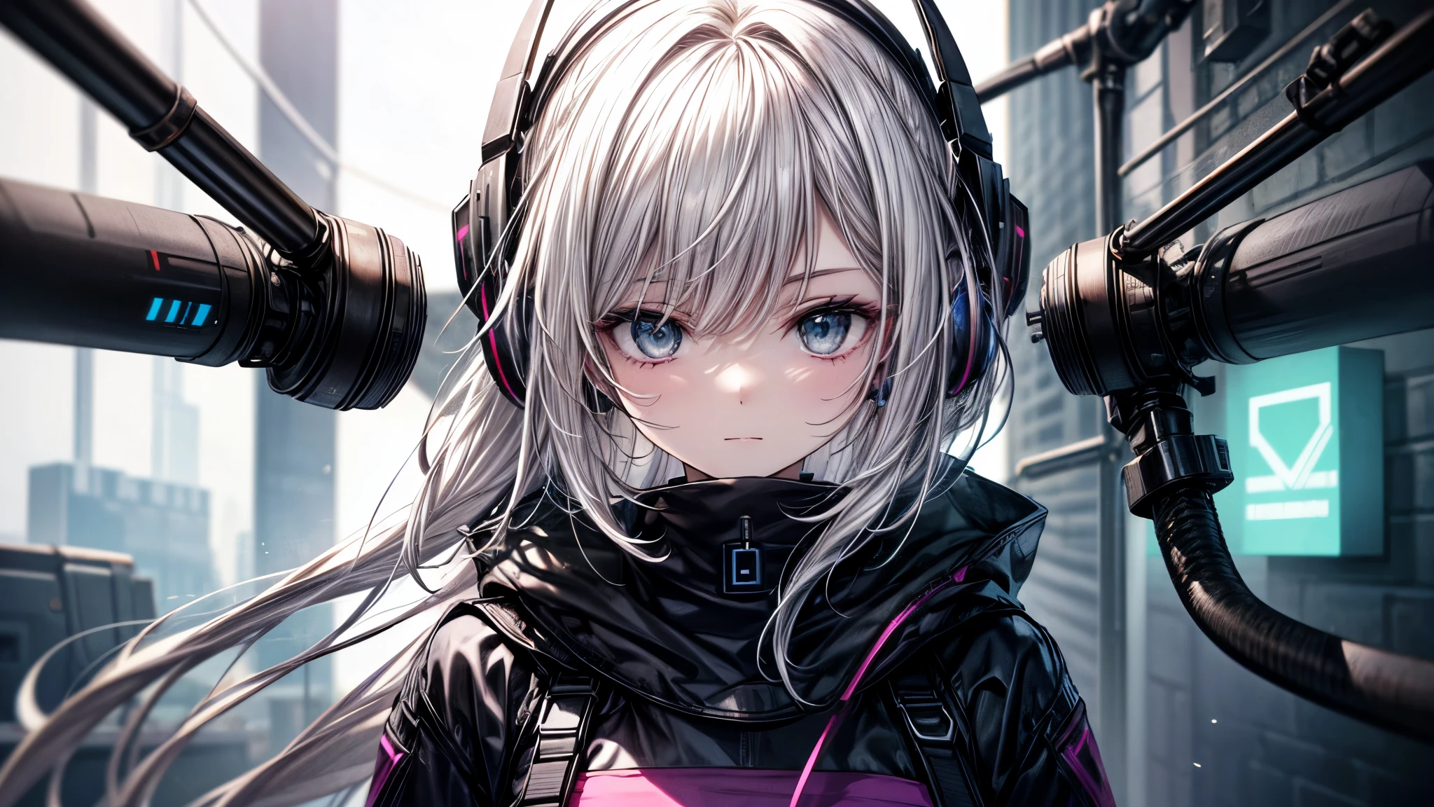 silver hair, headphones, glowing eyes, makeup, wearing sci-fi jacket, anime style, high detail, Futurism, glowing light, UHD, retina, masterpiece, ccurate, anatomically correct, textured skin, super detail, high details, high quality, award winning, best quality, highres