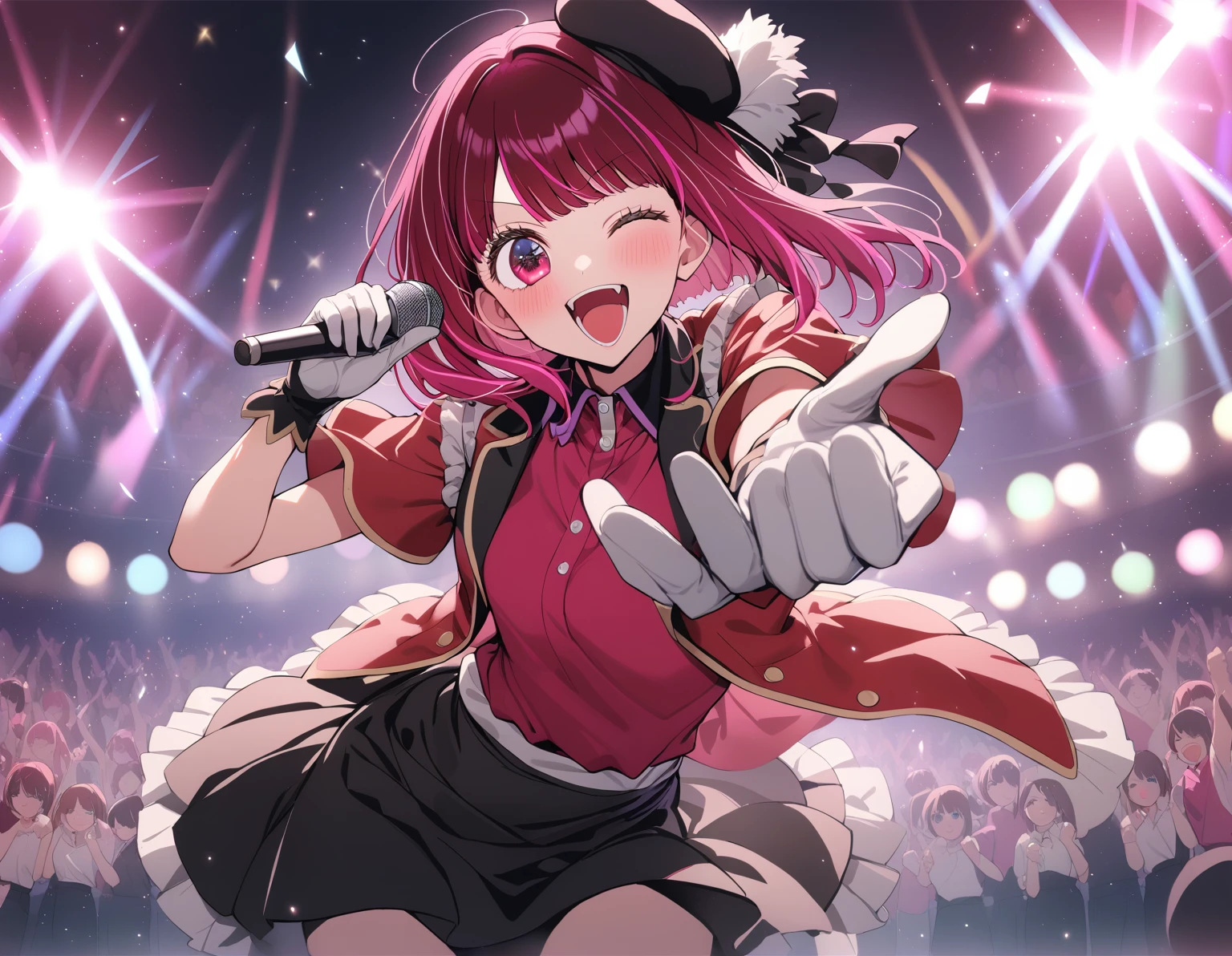 1girl, arima kana, oshi no ko, solo, idol, idol clothes, one eye closed, red shirt, black skirt, black headwear, gloves, stage light, singing, open mouth, crowd, smile, pointing at viewer, masterpiece, best quality