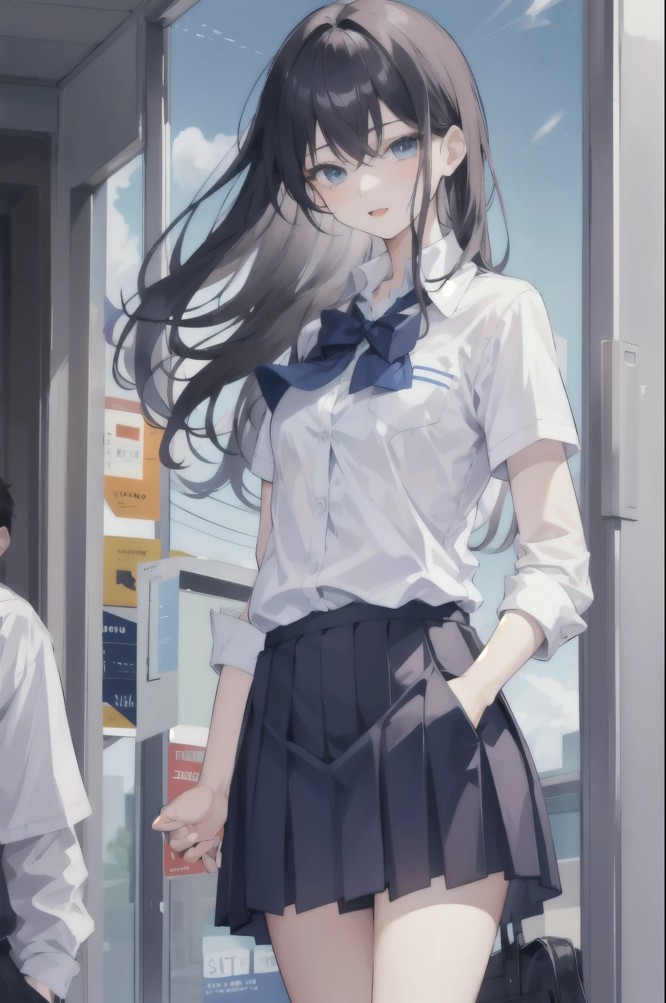 1boy,1girl,evening school,school uniform,boy hands in pockets,girl happy