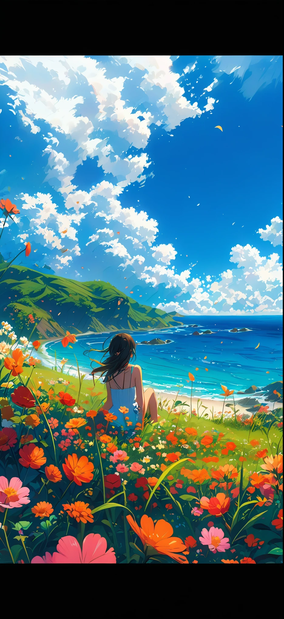 anime girl sitting on a hill overlooking the ocean and flowers, anime beautiful peace scene, beautiful anime scene, beautiful anime scenery, beautiful anime, anime nature, makoto shinkai cyril rolando, anime nature wallpap, beautiful anime artwork, anime scenery, anime landscape, beautiful anime art, anime art wallpaper 4k, anime art wallpaper 4 k, anime background art