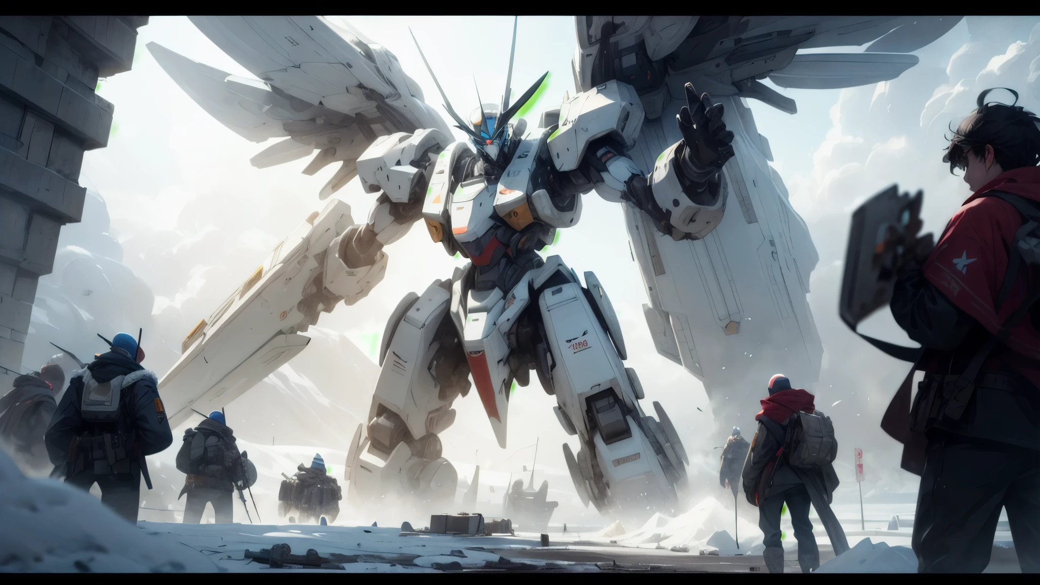Motor irreal,cinematic shot,Mejor calidad, Obra maestra, realista,,ciencia_fiction,ciencia fiction,brillante_eyes, (explosion sparks:0.5), (destello de lente:0.5),(sable de luz:0.8),niebla de volumen,mecha_robot,escombros,muchos soldados pelean,OVNI, reliquia,Snow Mountain