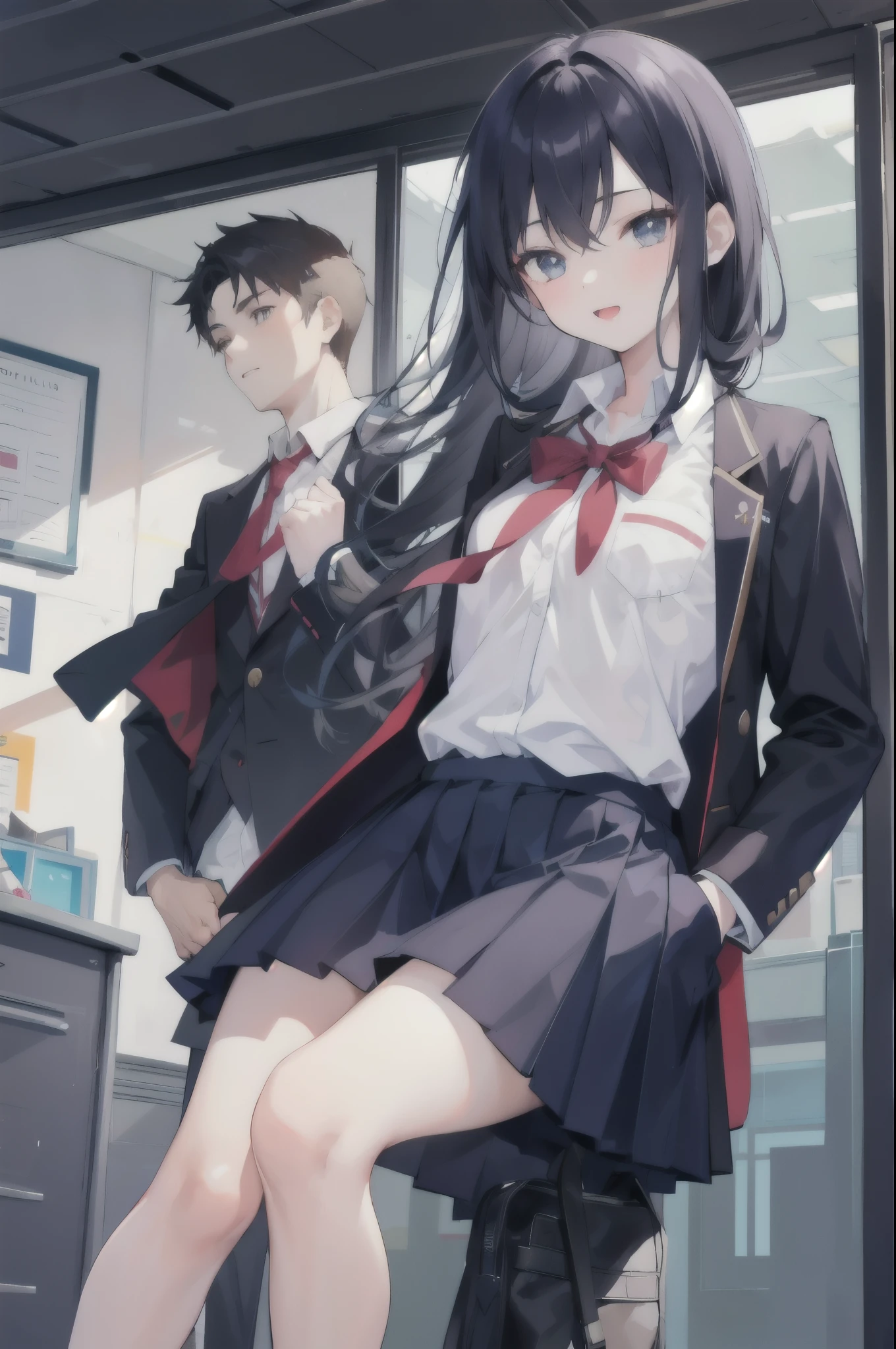 1boy,1girl,evening school,school uniform,boy hands in pockets,girl happy