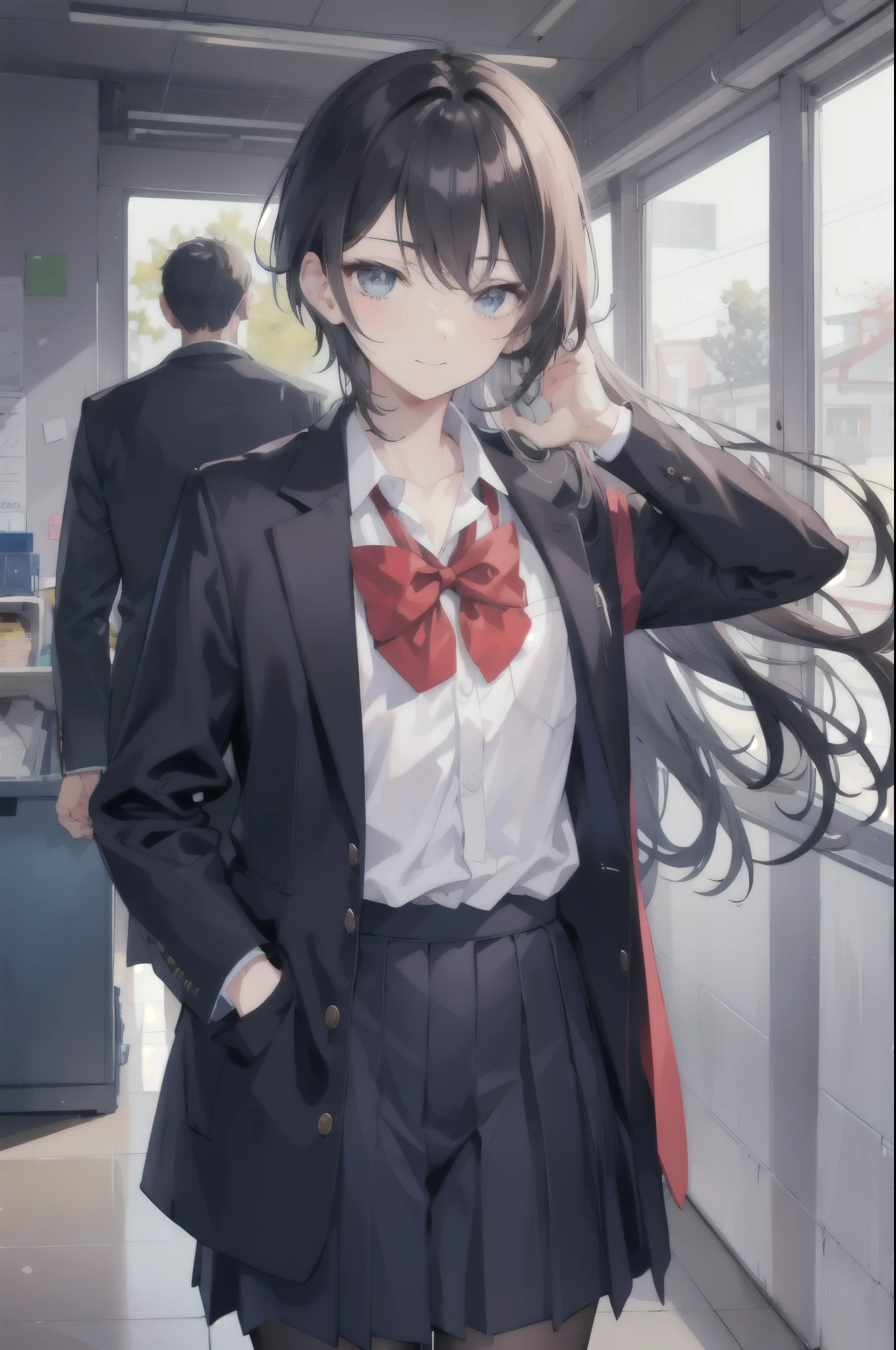 1boy,1girl,evening school,school uniform,boy hands in pockets,girl happy