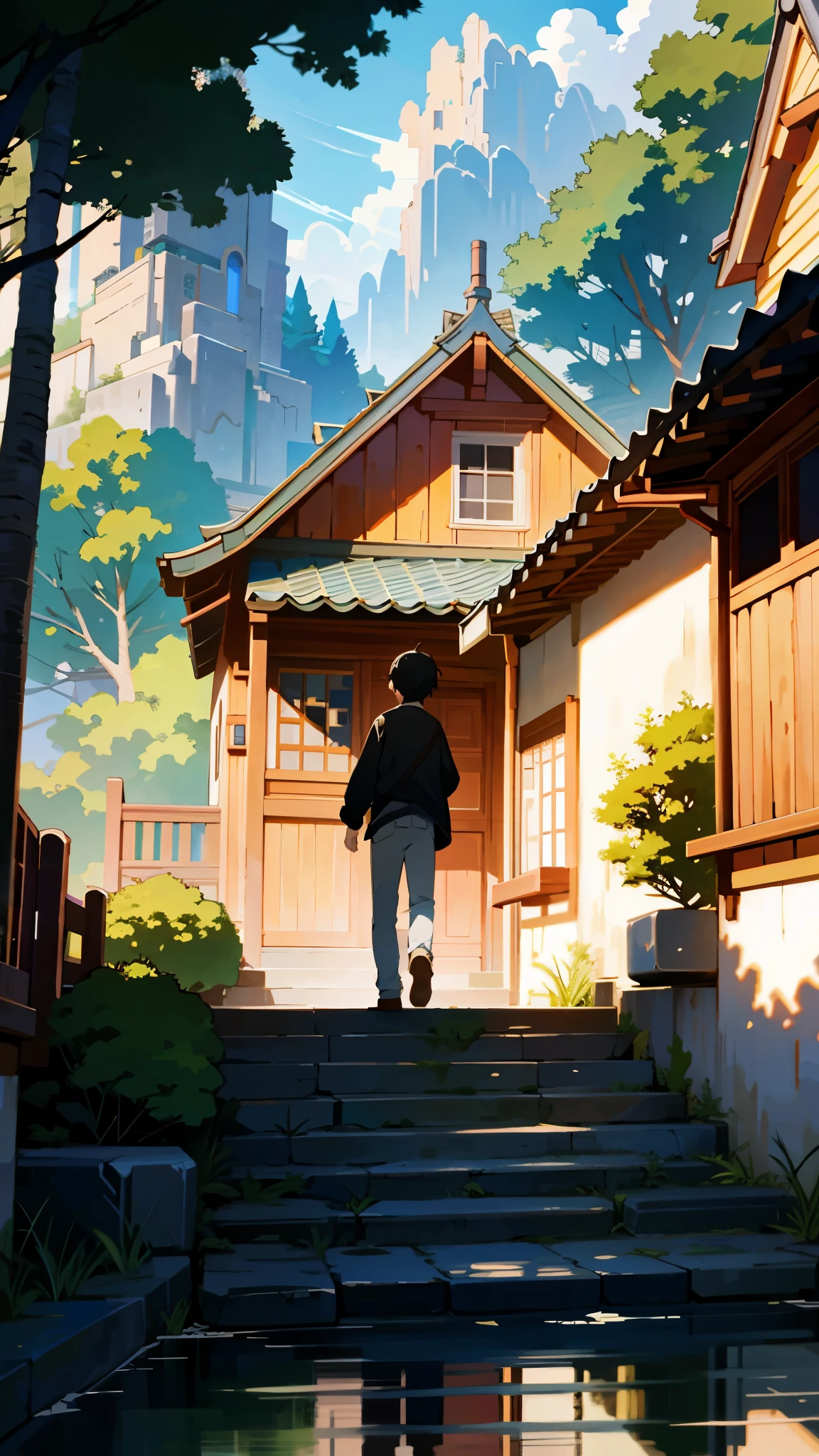 (best quality, 4k, 8k, highres, masterpiece:1.2), ultra-detailed, (anime: 1.2), Boy going down on a pathway, anime scenery of a house with a pathway leading to a mountain, makoto shinkai cyril rolando, atey ghailan 8 k, emotional concept art, guweiz and makoto shinkai, anime art wallpaper 8 k, a beautiful artwork illustration, 4k highly detailed digital art, anime art wallpaper 4k, anime art wallpaper 4 k, 4 k hd