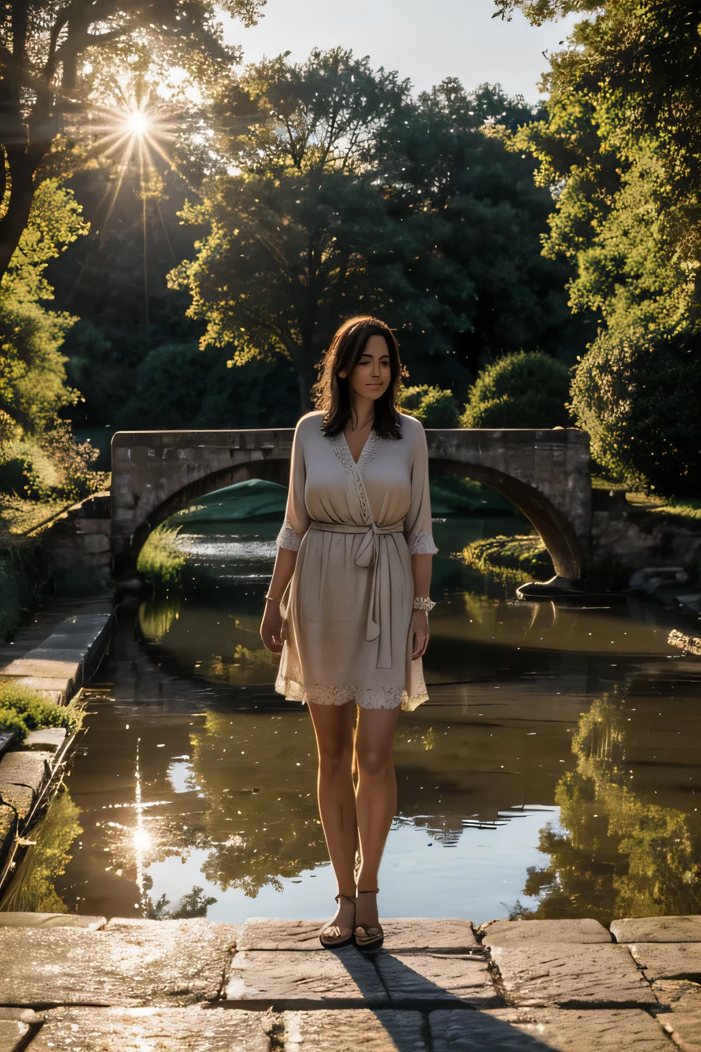 A middle-aged woman stands on a weathered stone bridge, she leans slightly forward, gazing into the rippling water below. Illuminate the scene with soft morning sunlight, casting long shadows
