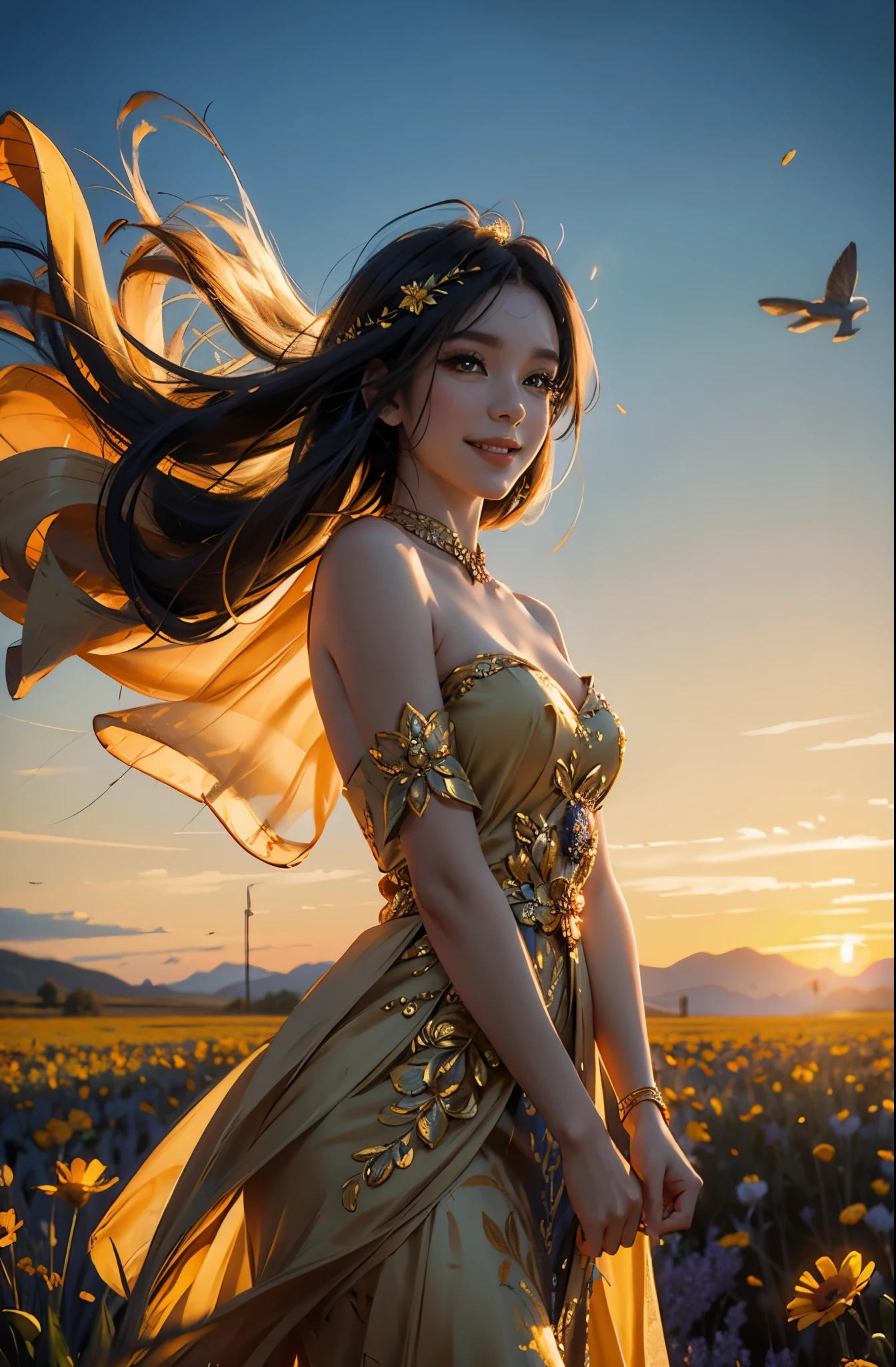 award winning digital art, half body portrait of a beautiful woman in a silk Tang dress with gold embroidery, colorful hairstyle with head in motion and long hair flying, big smile, Happy, sexy, in a flower field, golden sunset, particles dust, glitter, paint splashes, splatter, outrun, vaporware, shaded flat illustration, digital art, trending on artstation, highly detailed, fine detail, intricate