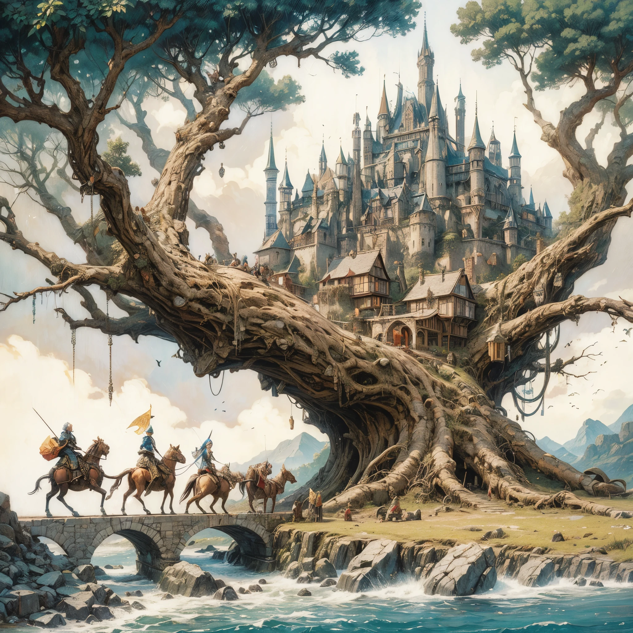 ((Meisterwerk)), ((high quality)), a painting of a castle with a tree, Mittelalterliche Fantasy-Illustration, High-Fantasy-Illustration, Fantasy-RPG-Buchillustration, Detaillierte Fantasy-Illustration, mittelalterliche Fantasy-Kunst, Fantasie sehr detailliert, epische Bruchtal-Fantasie, Kerem-Couplet, Michael whelan, Andreas Rocha, Fantasy-Buchillustration, mittelalterliche Fantasiestadt, Symmetrische epische Fantasy-Kunst, Epische Fantasy-Illustration