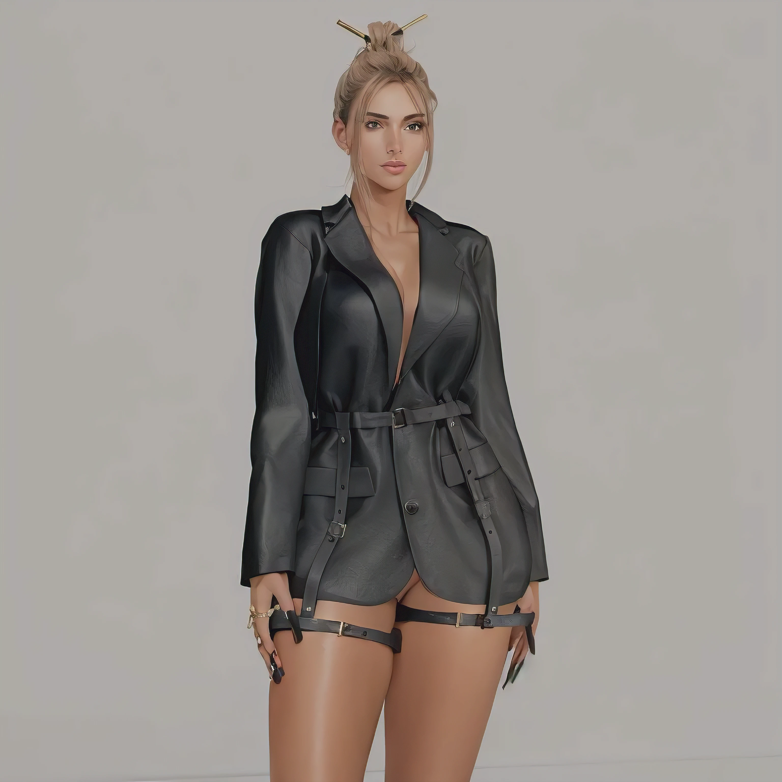 Mujer arafed con una chaqueta de cuero negra y pantalones cortos posando para una foto., piel bronceada, lacivious pose, wearing leather swimsuit, chaqueta sobre el torso desnudo, pose lasciva, sexy :8, pose casual, jet black leather skintight coat, (SFW) seguro para el trabajo, piel brillante, grueso, chica fitness, sombras oscuras