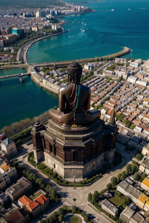 (stunning, magnificent, detailed, vibrant colors) , aerial view,buda estatue,silhouette,breathtaking beauty,serene atmosphere,fine art oil painting,high contrast,