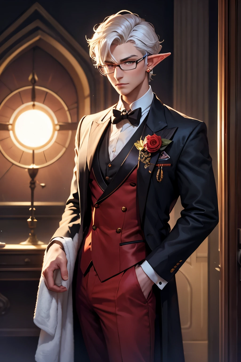 close-up, high sun elf with glasses, butler in a red suit with a bow tie, round earring in the ear, hair combed back, One eyebrow is raised, zero emotions, white towel on hand, magic wand in your pocket